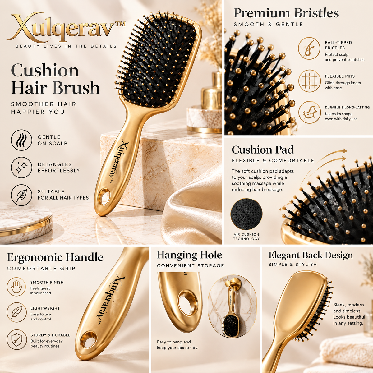 Xulqerav™ Luxury Cushion Hair Brush – Gentle Detangling Paddle Brush for Scalp Massage &amp; All Hair Types (Champagne Gold)