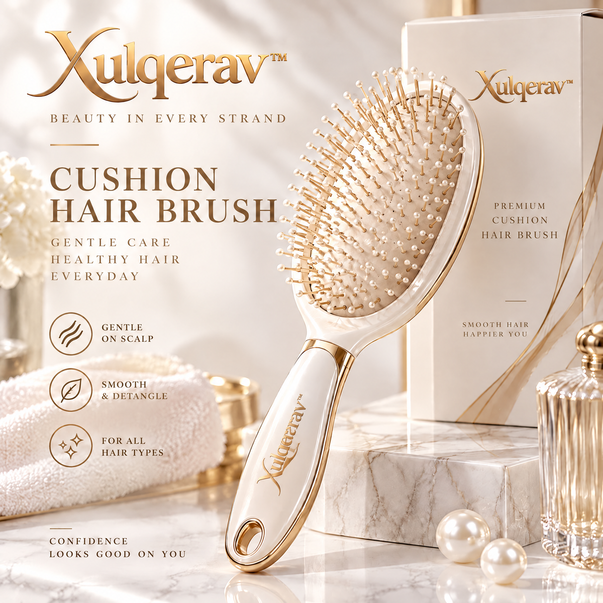 Xulqerav™ Premium Cushion Hair Brush – Gentle Detangling &amp; Scalp Massage Paddle Brush for All Hair Types (Pearl White &amp; Gold)