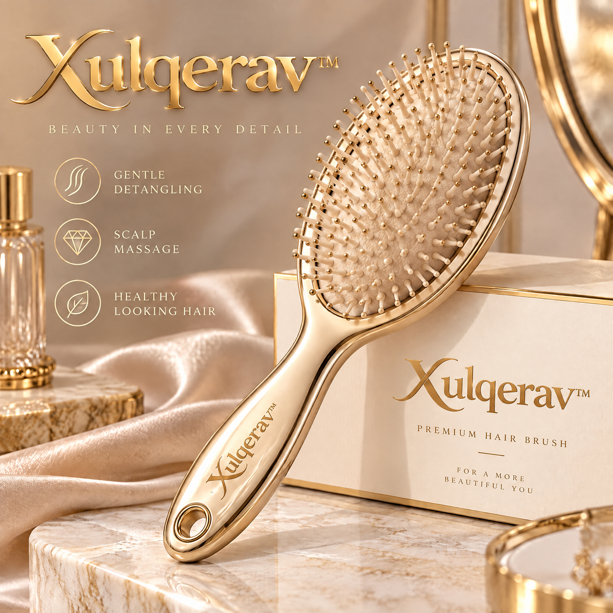 Xulqerav™ Luxury Gold Cushion Hair Brush – Gentle Detangling &amp; Scalp Massage Paddle Brush