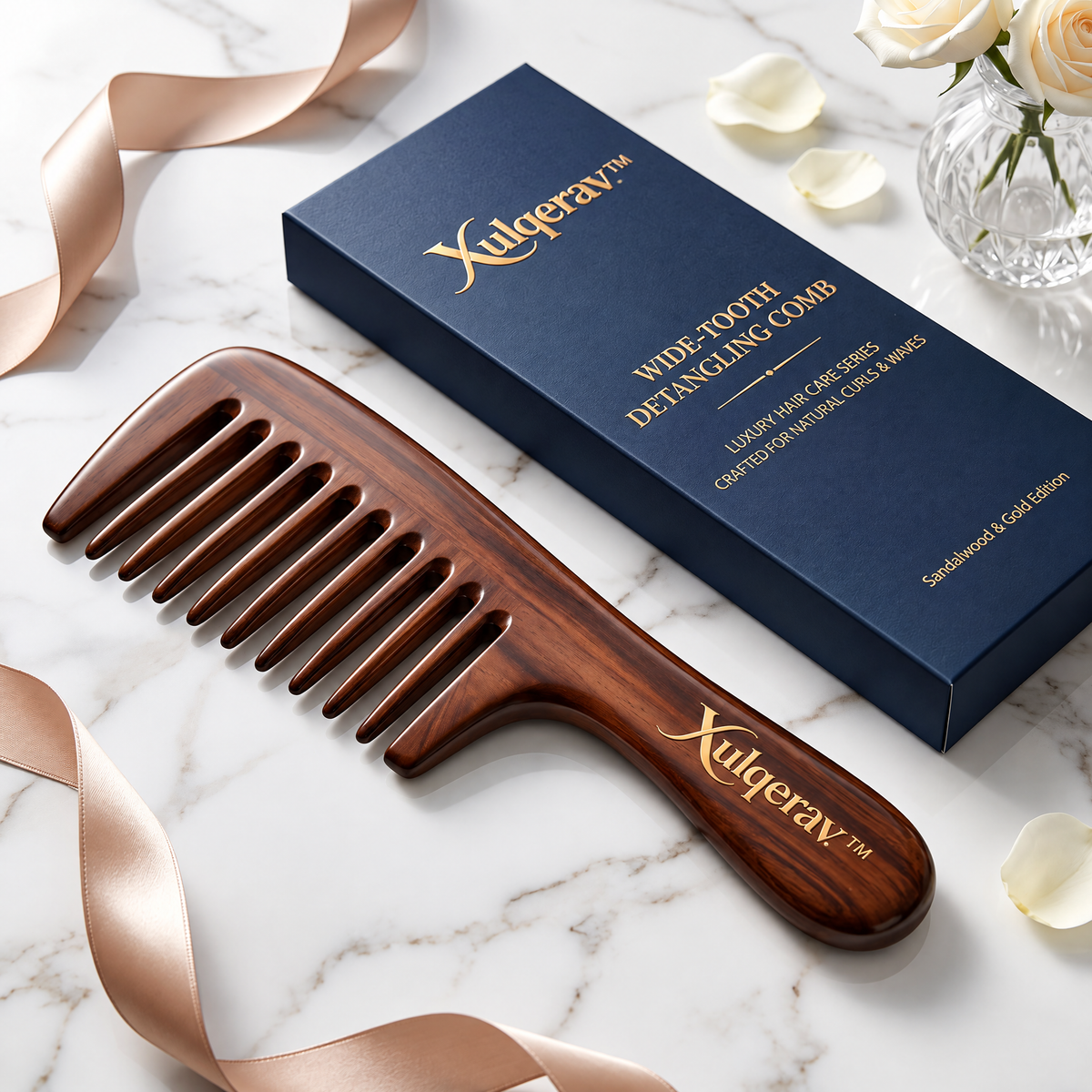 Xulqerav™ Luxury Wide-Tooth Wooden Detangling Comb – Natural Sandalwood Anti-Static Hair Comb with Premium Gift Box