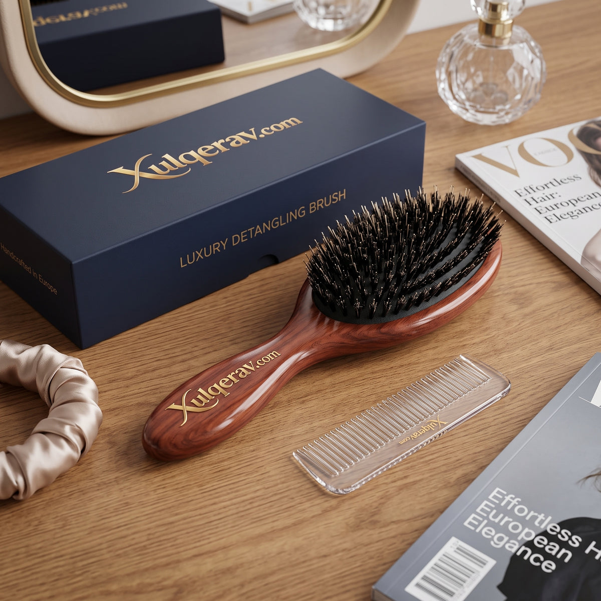 Xulqerav™ Luxury Detangling Hair Brush – Handcrafted Polished Wood Paddle Brush with Dual-Bristle System &amp; Travel Comb Gift Set