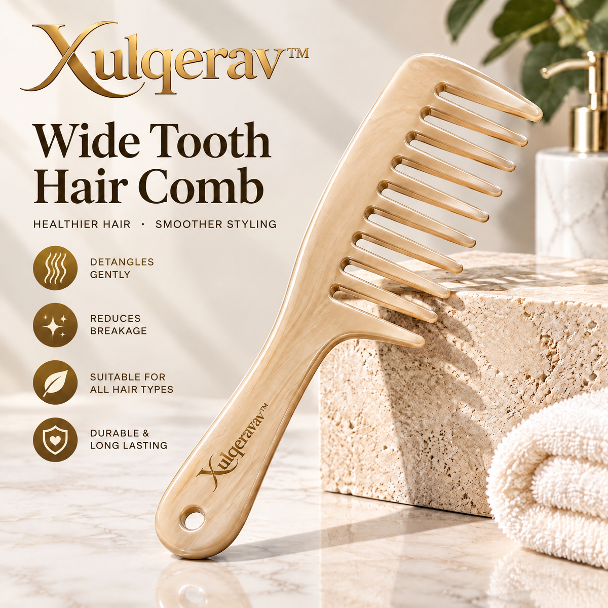 Xulqerav™ Premium Wide Tooth Hair Comb – Gentle Detangling Comb for Wet &amp; Dry Hair, Anti-Breakage Styling Comb for Curls, Waves &amp; Thick Hair