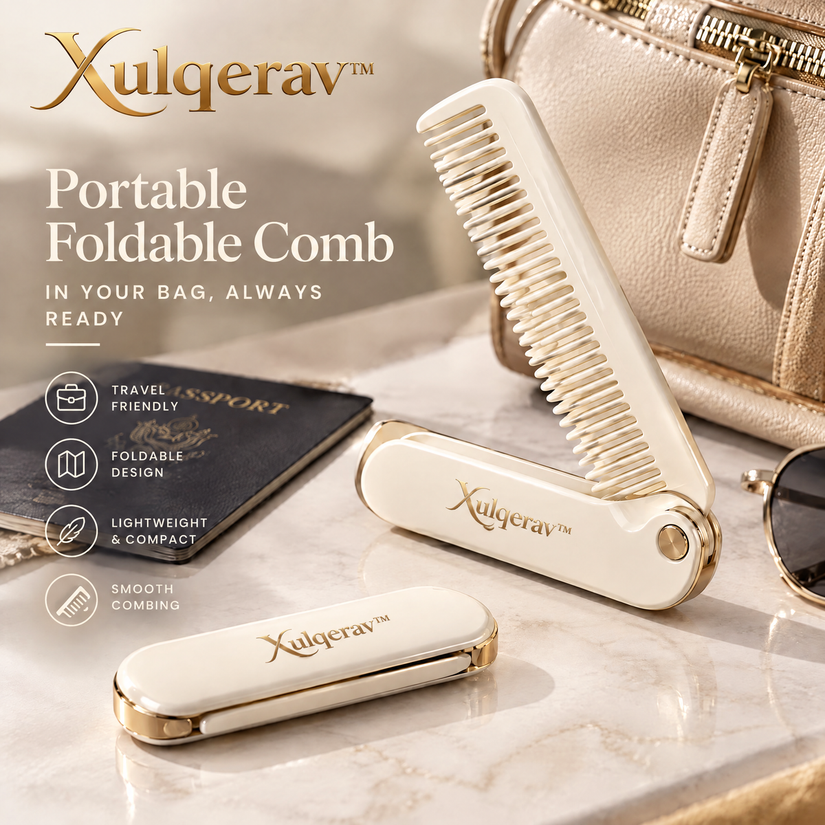 Xulqerav™ Portable Foldable Hair Comb – Luxury Pocket-Sized Folding Comb with Gold Accents for Purse, Handbag &amp; Travel