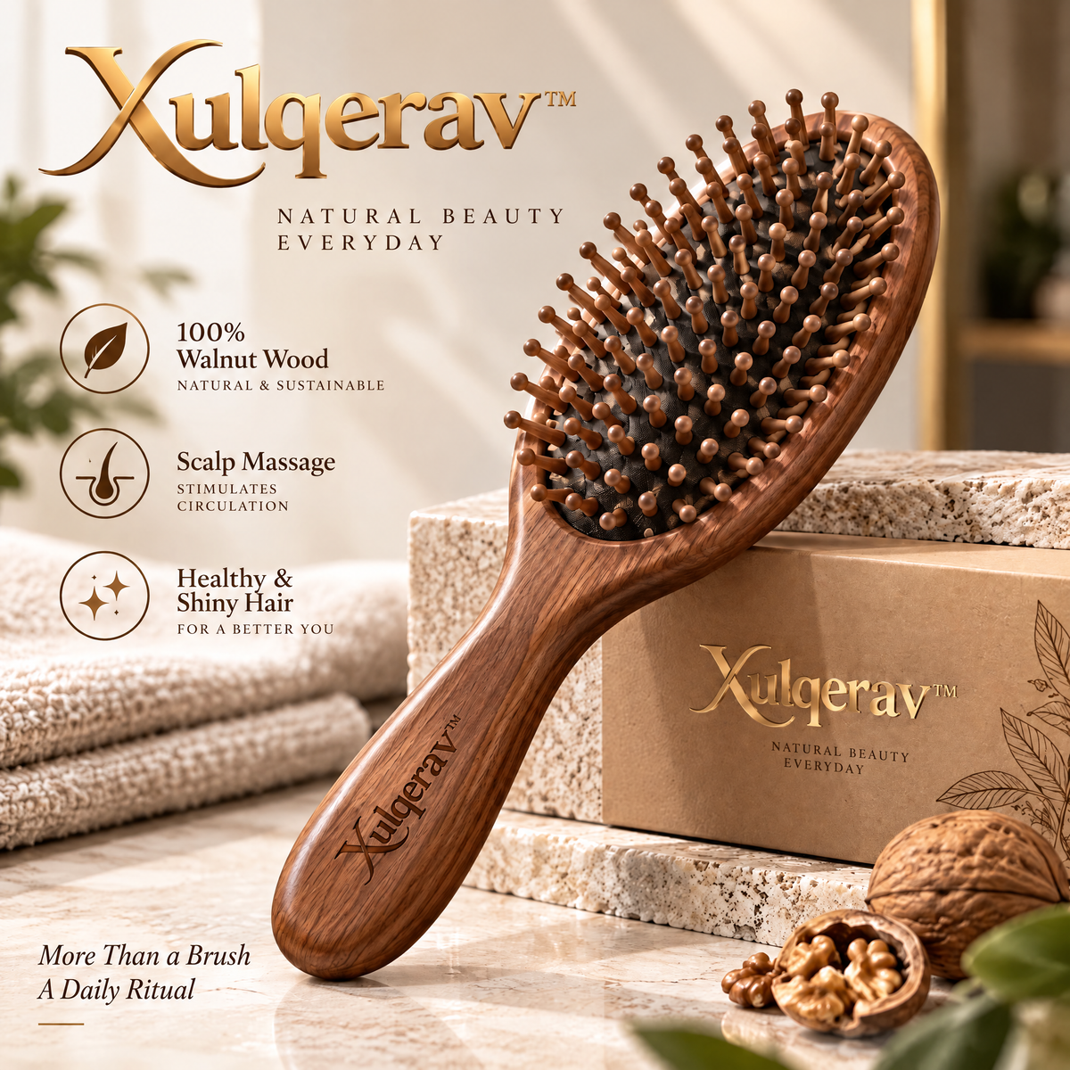 Xulqerav™ 100% Natural Walnut Wood Scalp Massage Hair Brush | Anti-Static Cushion Paddle Detangler for Healthy, Shiny Hair