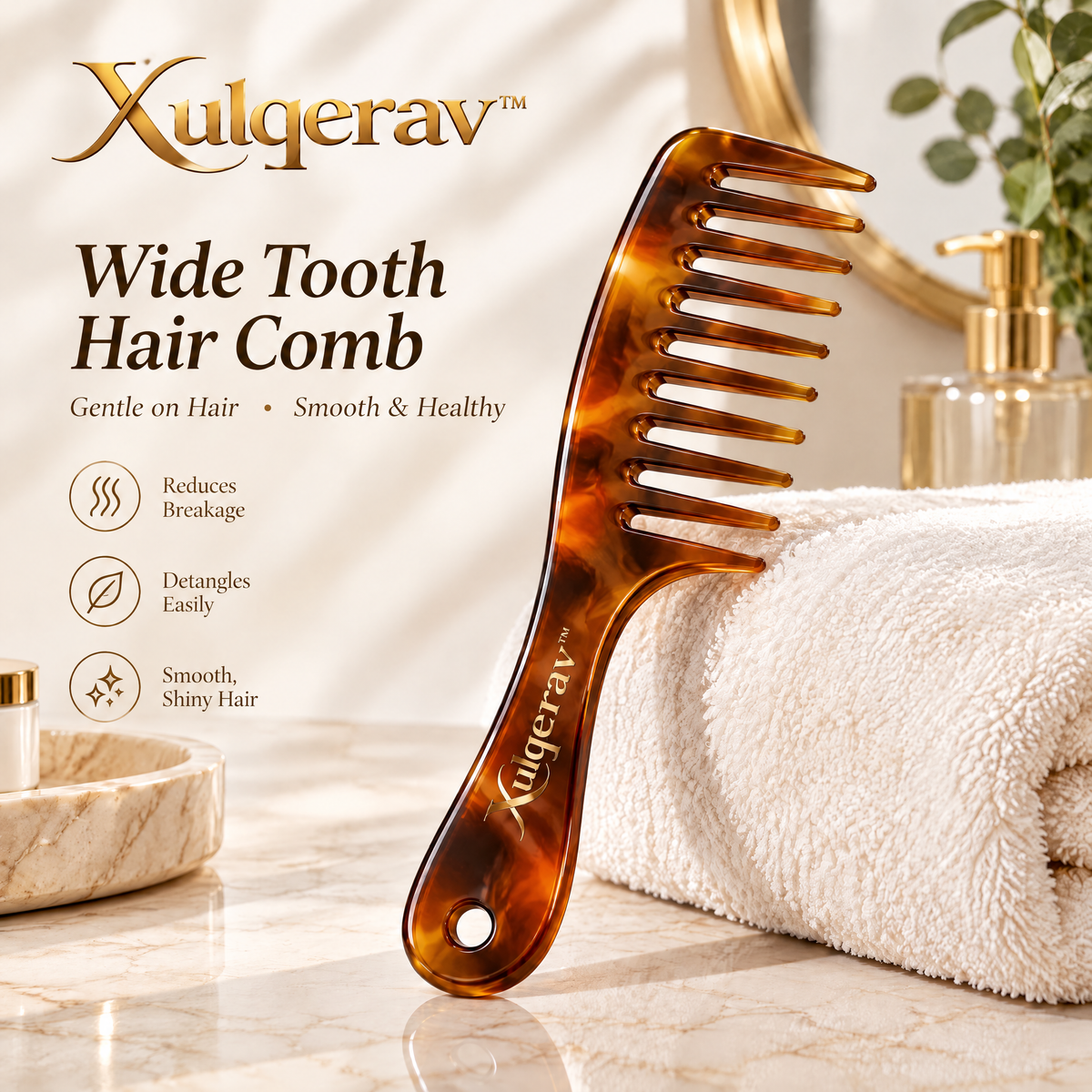 Xulqerav™ Wide Tooth Detangling Hair Comb with Handle – Tortoiseshell Anti-Breakage Styling Comb for Wet &amp; Dry, Curly, and Thick Hair
