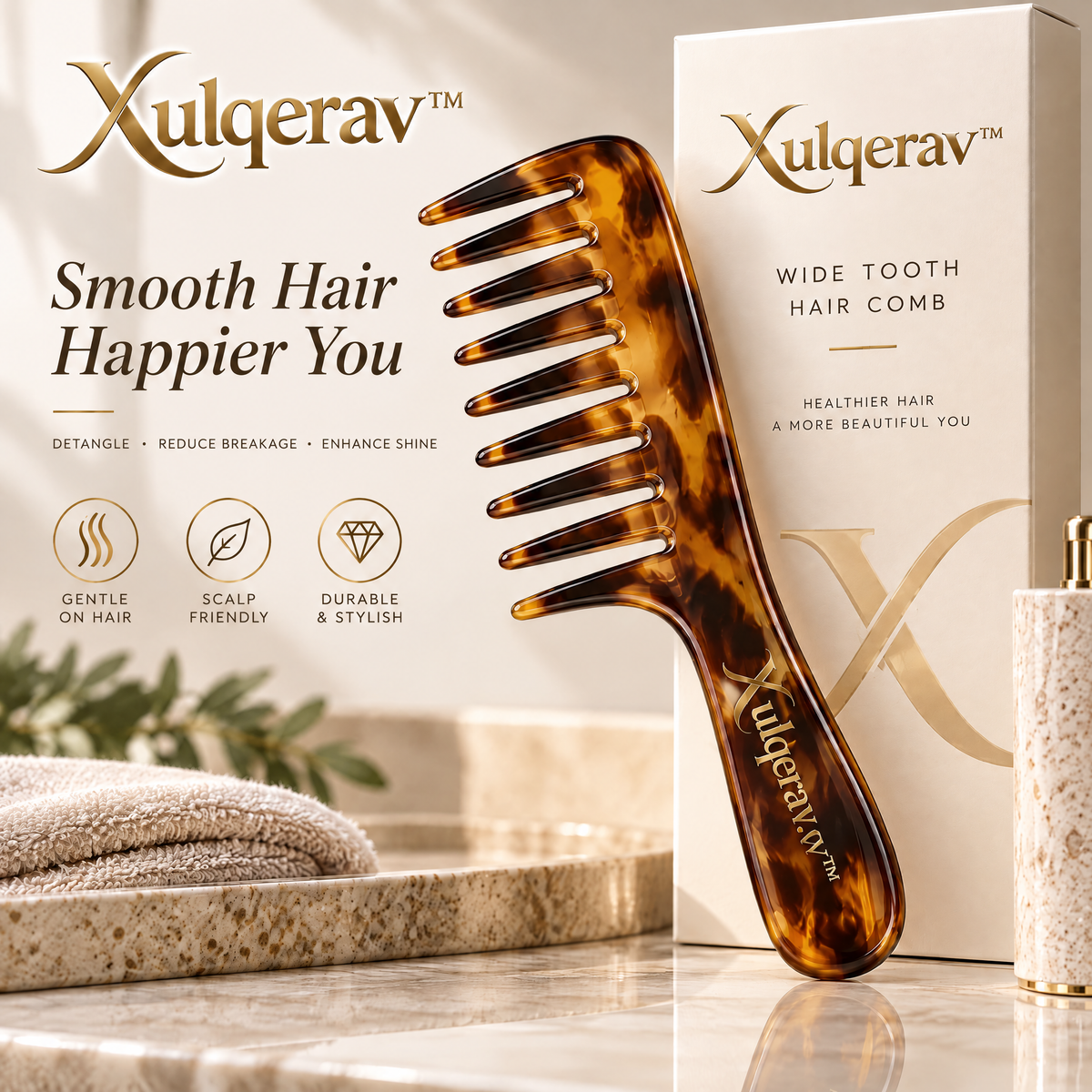 Xulqerav™ Wide Tooth Hair Comb – Tortoise Shell Detangling Comb with Ergonomic Handle for Wet &amp; Dry Hair, Anti-Breakage Styling Comb for Curly, Thick, and Wavy Hair