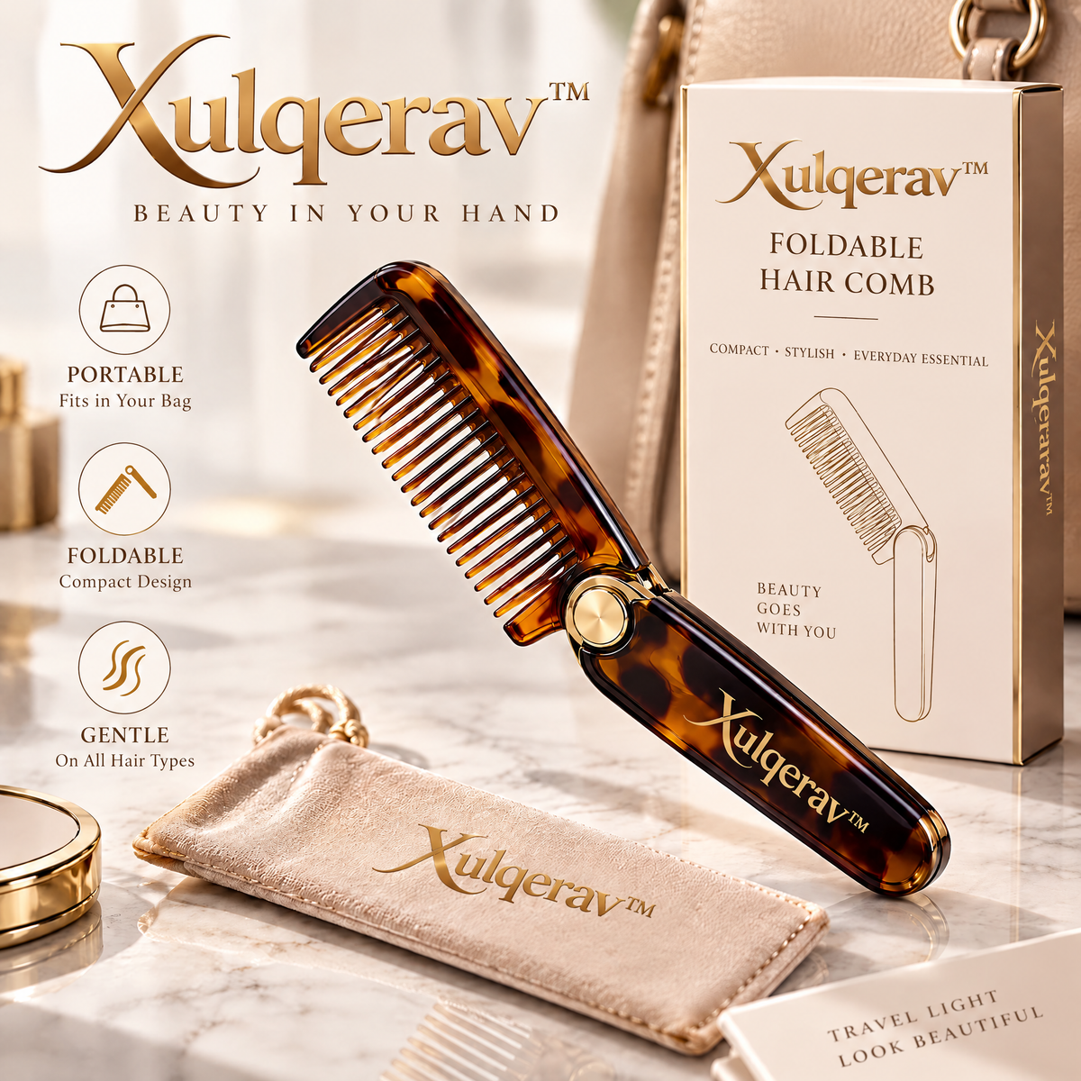 Xulqerav™ Folding Travel Hair Comb – Compact Tortoiseshell Pocket Comb with Protective Pouch &amp; Gift Box