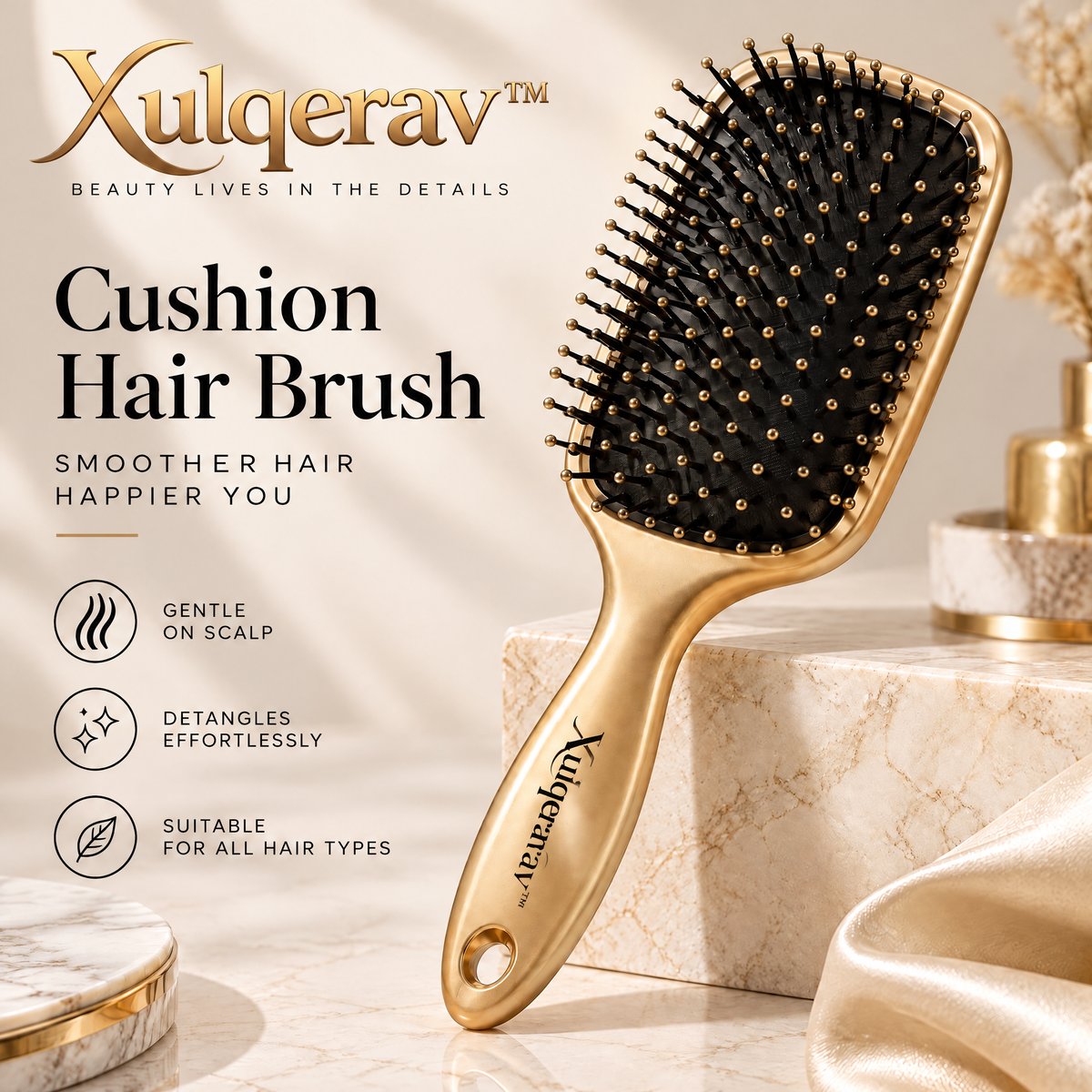 Xulqerav™ Luxury Cushion Hair Brush – Gentle Detangling Paddle Brush for Scalp Massage &amp; All Hair Types (Champagne Gold)