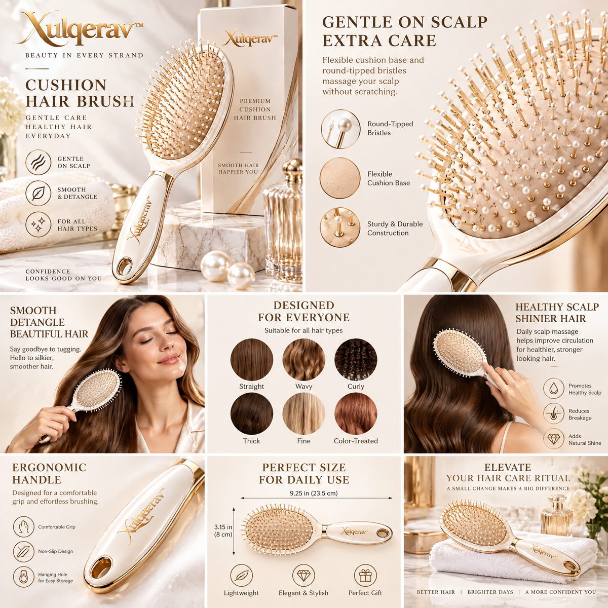 Xulqerav™ Premium Cushion Hair Brush – Gentle Detangling &amp; Scalp Massage Paddle Brush for All Hair Types (Pearl White &amp; Gold)