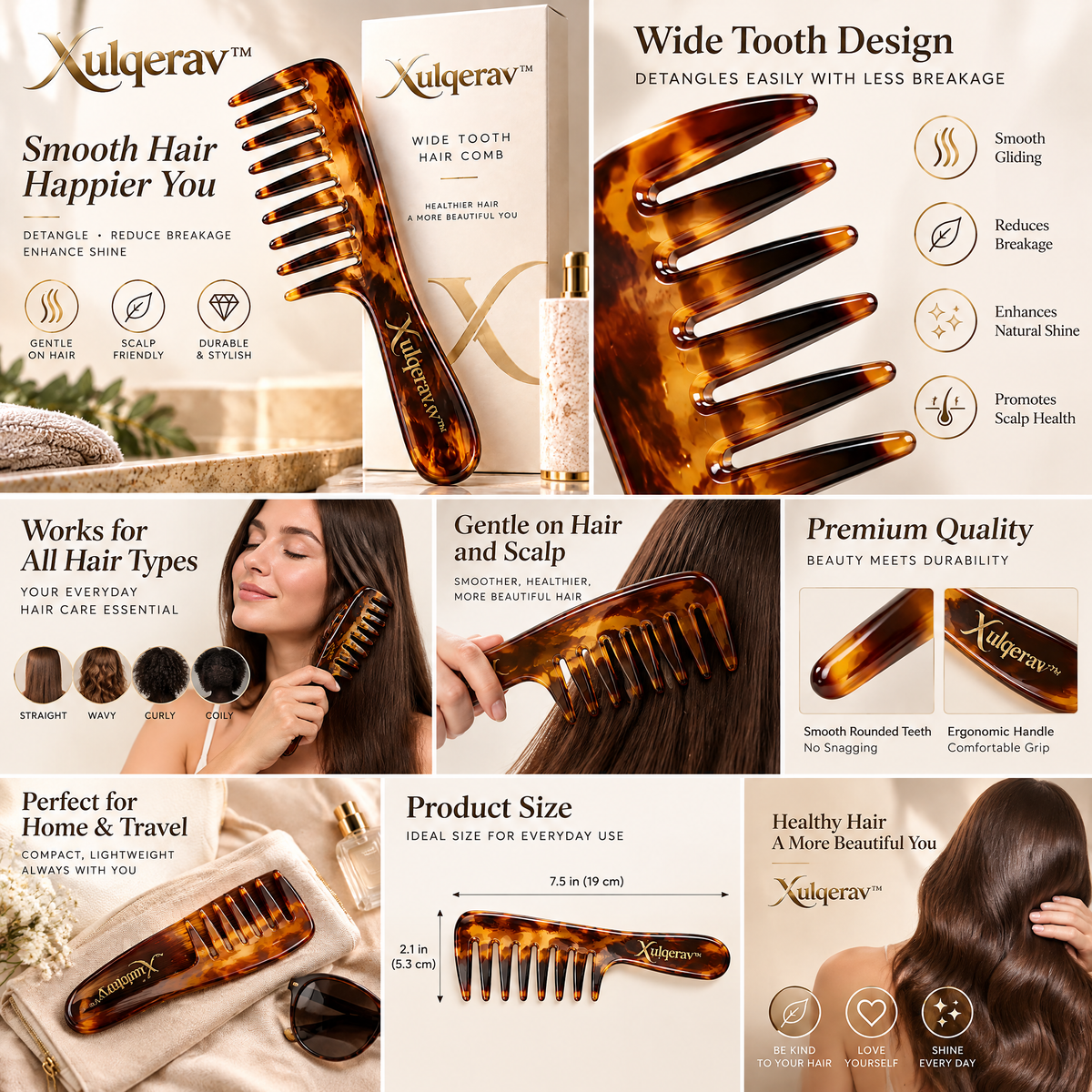 Xulqerav™ Wide Tooth Hair Comb – Tortoise Shell Detangling Comb with Ergonomic Handle for Wet &amp; Dry Hair, Anti-Breakage Styling Comb for Curly, Thick, and Wavy Hair
