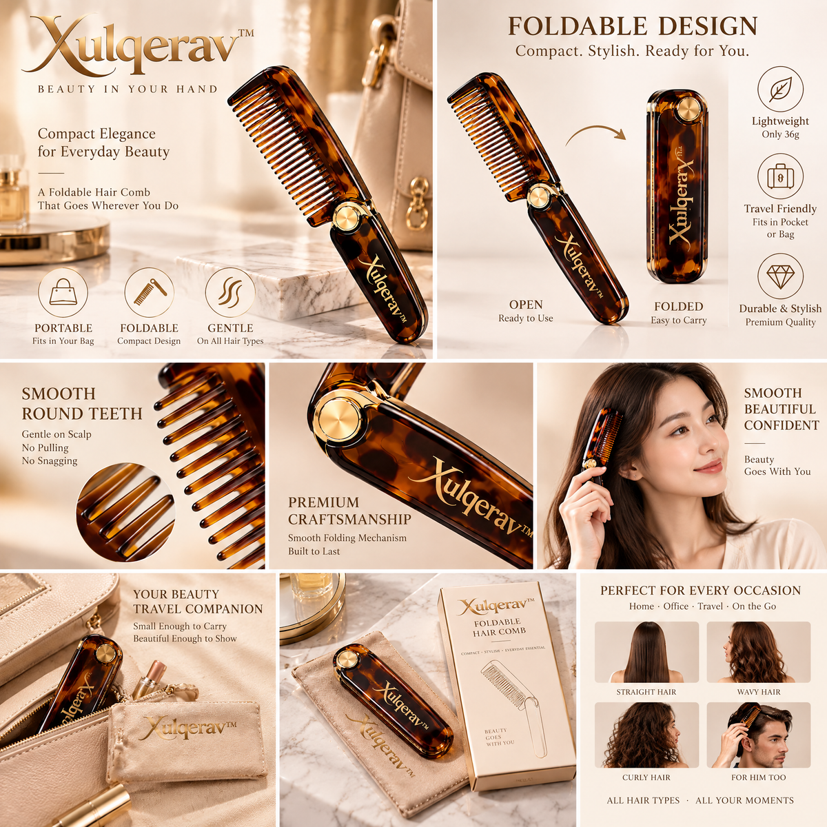 Xulqerav™ Folding Travel Hair Comb – Compact Tortoiseshell Pocket Comb with Protective Pouch &amp; Gift Box