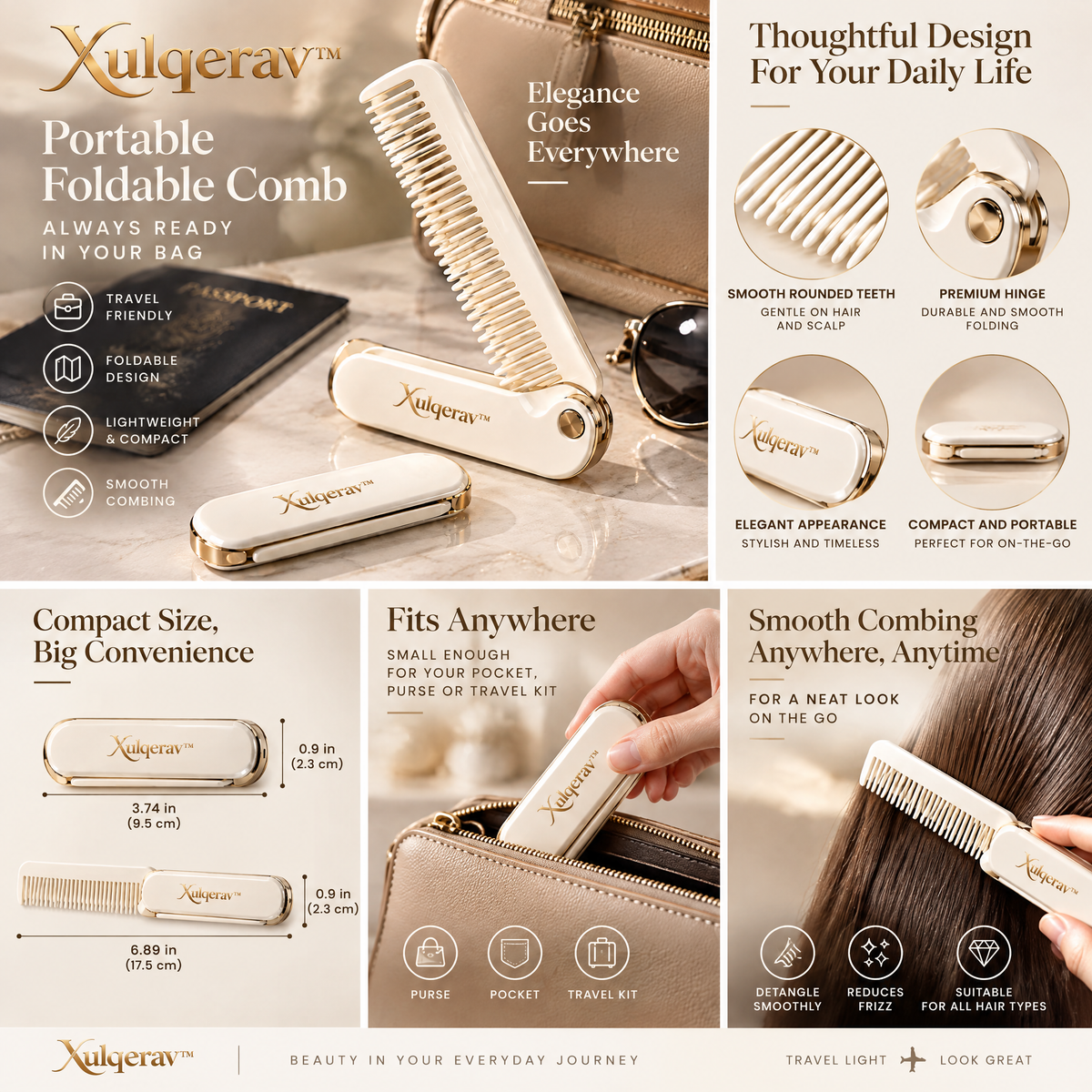 Xulqerav™ Portable Foldable Hair Comb – Luxury Pocket-Sized Folding Comb with Gold Accents for Purse, Handbag &amp; Travel