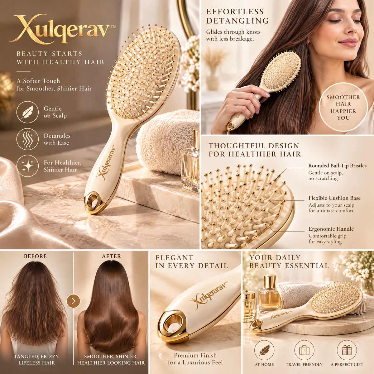 Xulqerav™ Luxury Detangling Cushion Hairbrush – Gentle Scalp Massage Paddle Brush for Smooth, Shiny Hair