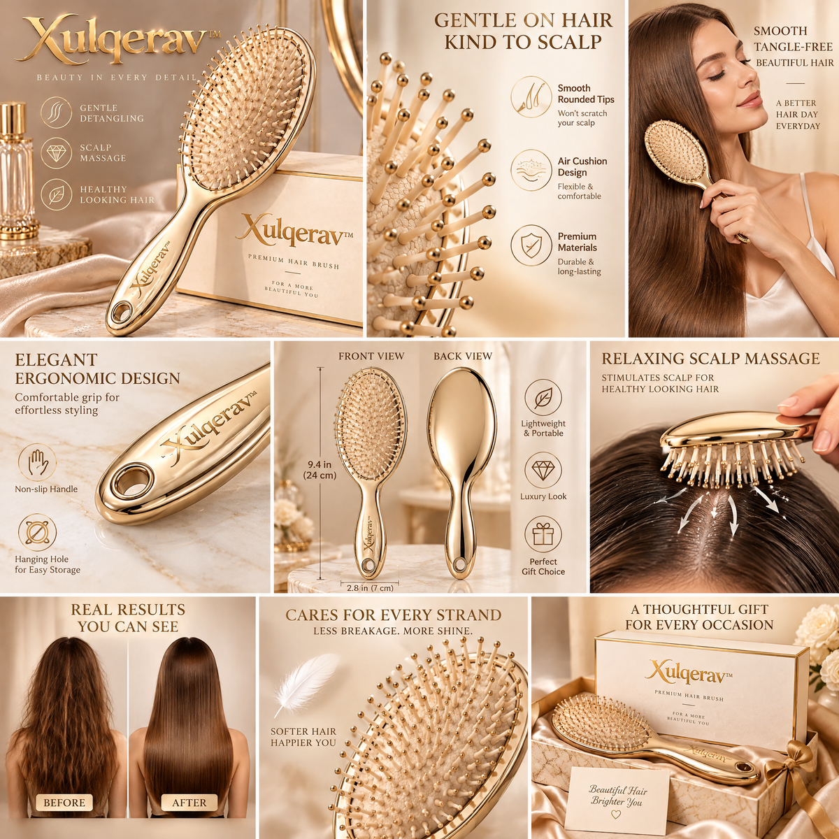 Xulqerav™ Luxury Gold Cushion Hair Brush – Gentle Detangling &amp; Scalp Massage Paddle Brush