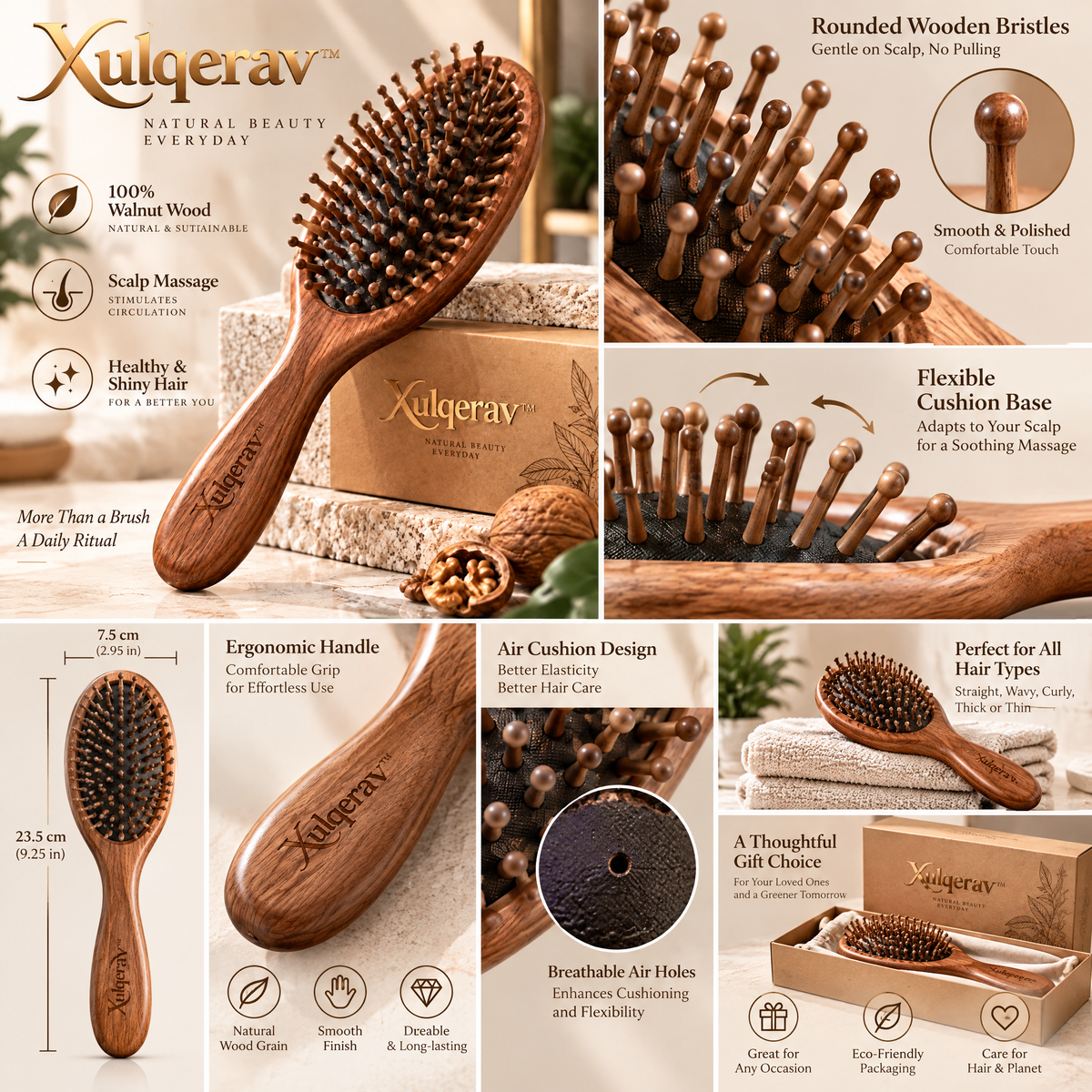 Xulqerav™ 100% Natural Walnut Wood Scalp Massage Hair Brush | Anti-Static Cushion Paddle Detangler for Healthy, Shiny Hair