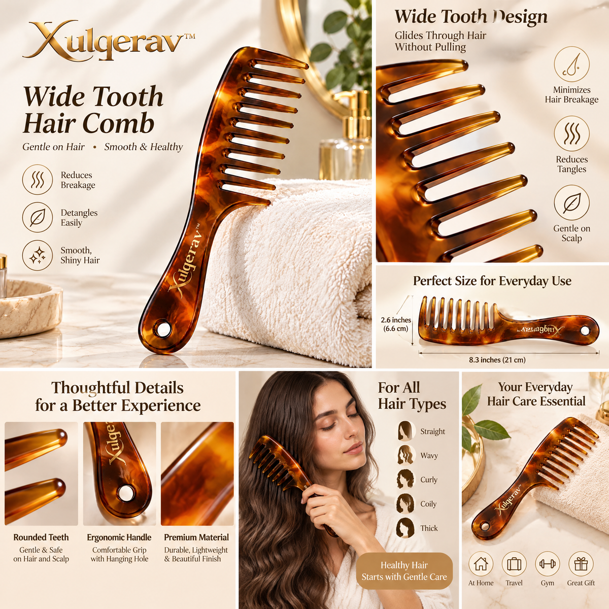 Xulqerav™ Wide Tooth Detangling Hair Comb with Handle – Tortoiseshell Anti-Breakage Styling Comb for Wet &amp; Dry, Curly, and Thick Hair