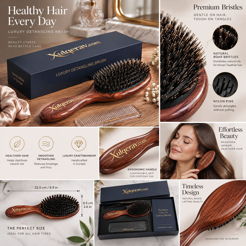 Xulqerav™ Luxury Detangling Hair Brush – Handcrafted Polished Wood Paddle Brush with Dual-Bristle System &amp; Travel Comb Gift Set