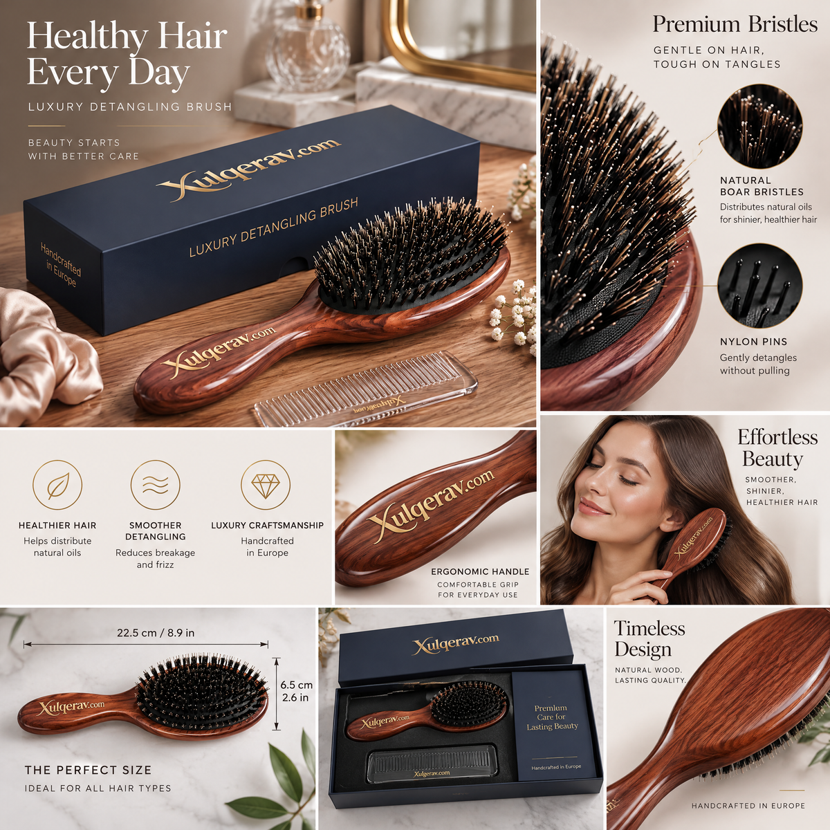 Xulqerav™ Luxury Detangling Hair Brush – Handcrafted Polished Wood Paddle Brush with Dual-Bristle System &amp; Travel Comb Gift Set