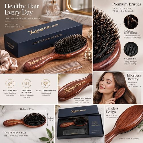 Xulqerav™ Luxury Detangling Hair Brush – Handcrafted Polished Wood Paddle Brush with Dual-Bristle System &amp; Travel Comb Gift Set