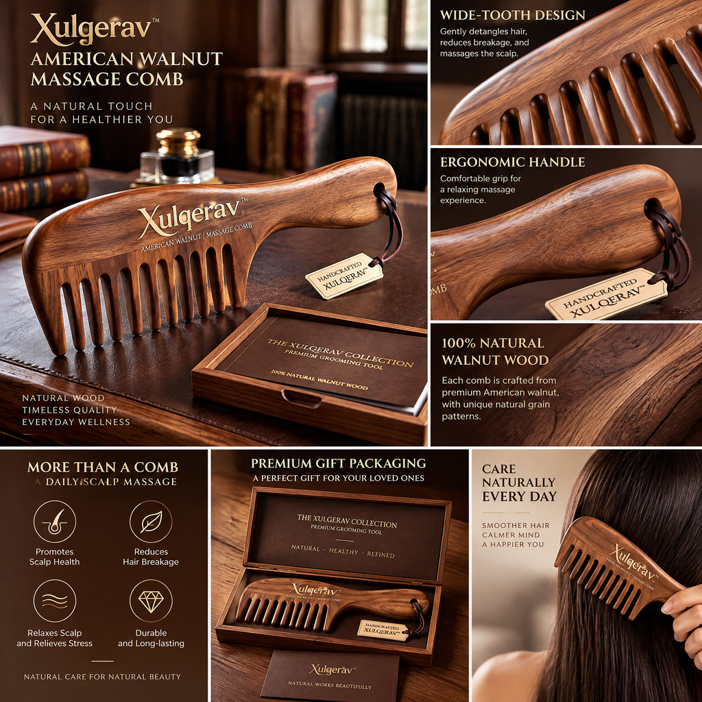 Xulqerav™ Handcrafted American Walnut Wide-Tooth Massage Comb – Anti-Static Detangling Hair &amp; Beard Comb with Premium Wooden Gift Box