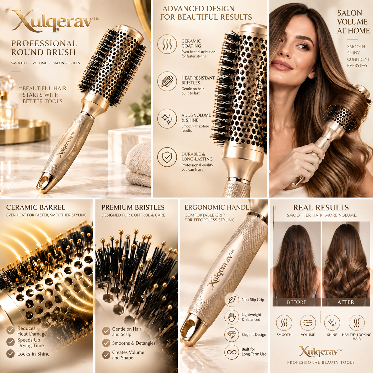 Xulqerav™ Professional Ceramic Thermal Round Brush for Blow Drying, Volumizing, and Styling
