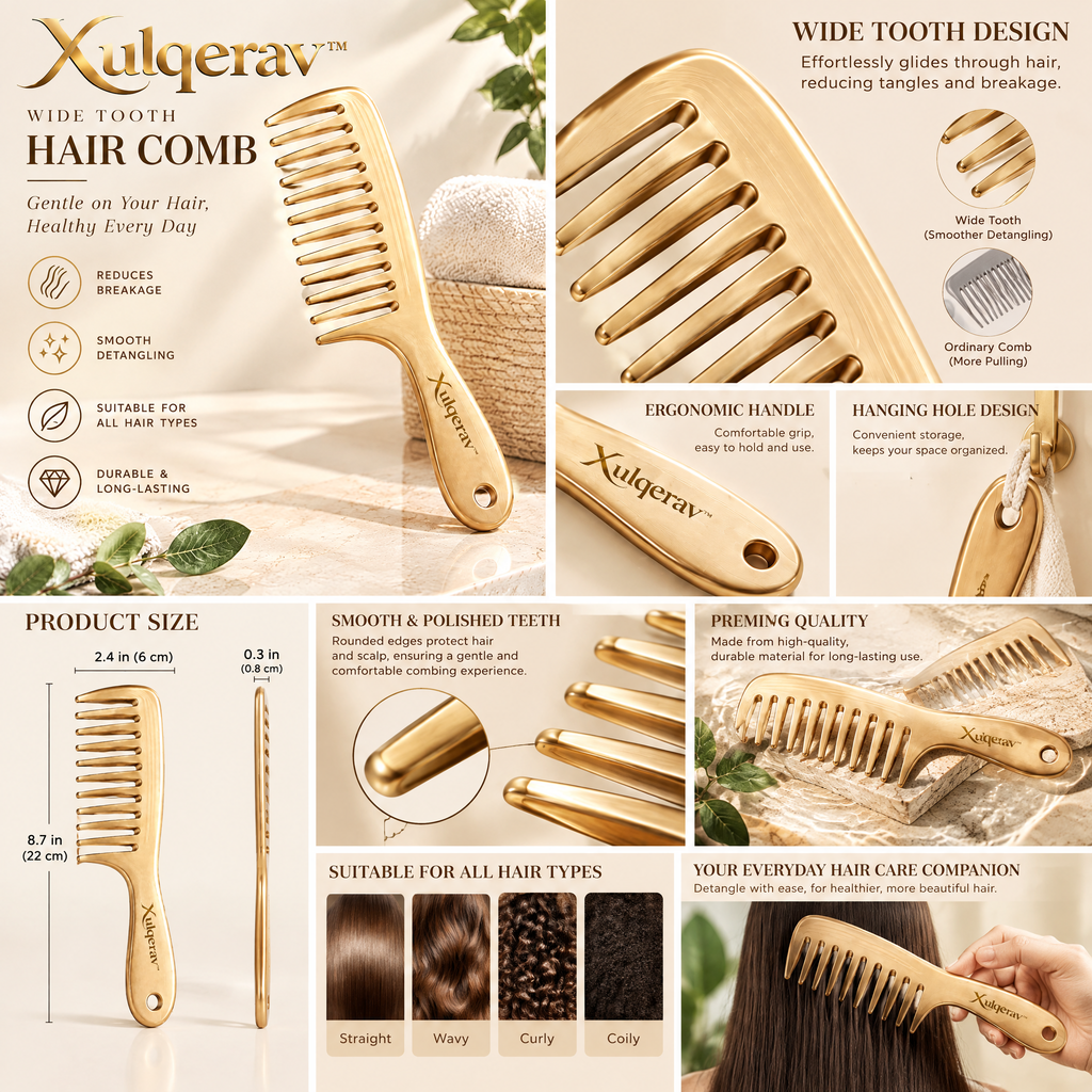 Xulqerav™ Premium Wide Tooth Hair Comb – Anti-Breakage Detangling Comb for Wet &amp; Dry Hair, Elegant Gold Finish