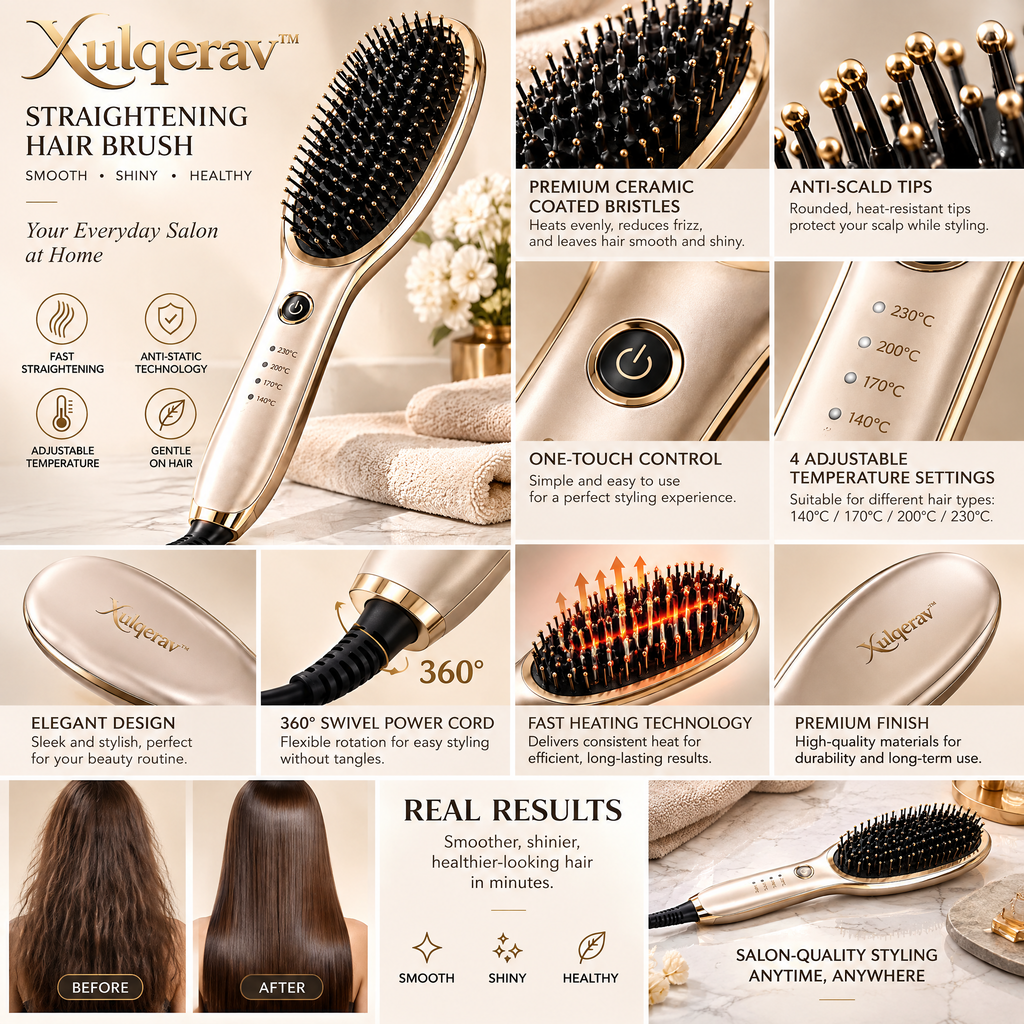 Xulqerav™ Heated Hair Straightening Brush – Fast Ceramic Heating with 4 Adjustable Temperatures &amp; Anti-Static Bristles (Champagne Gold)