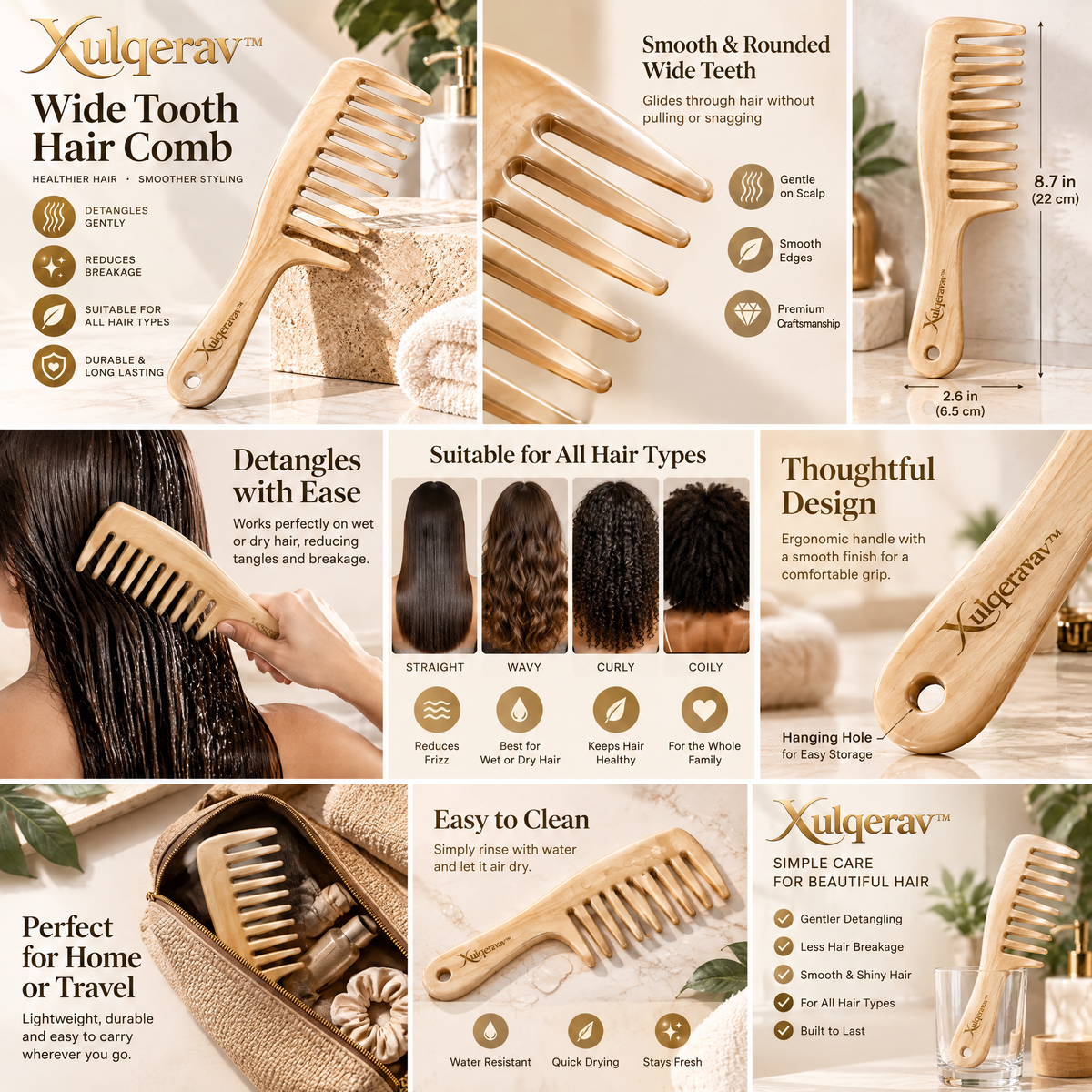 Xulqerav™ Premium Wide Tooth Hair Comb – Gentle Detangling Comb for Wet &amp; Dry Hair, Anti-Breakage Styling Comb for Curls, Waves &amp; Thick Hair