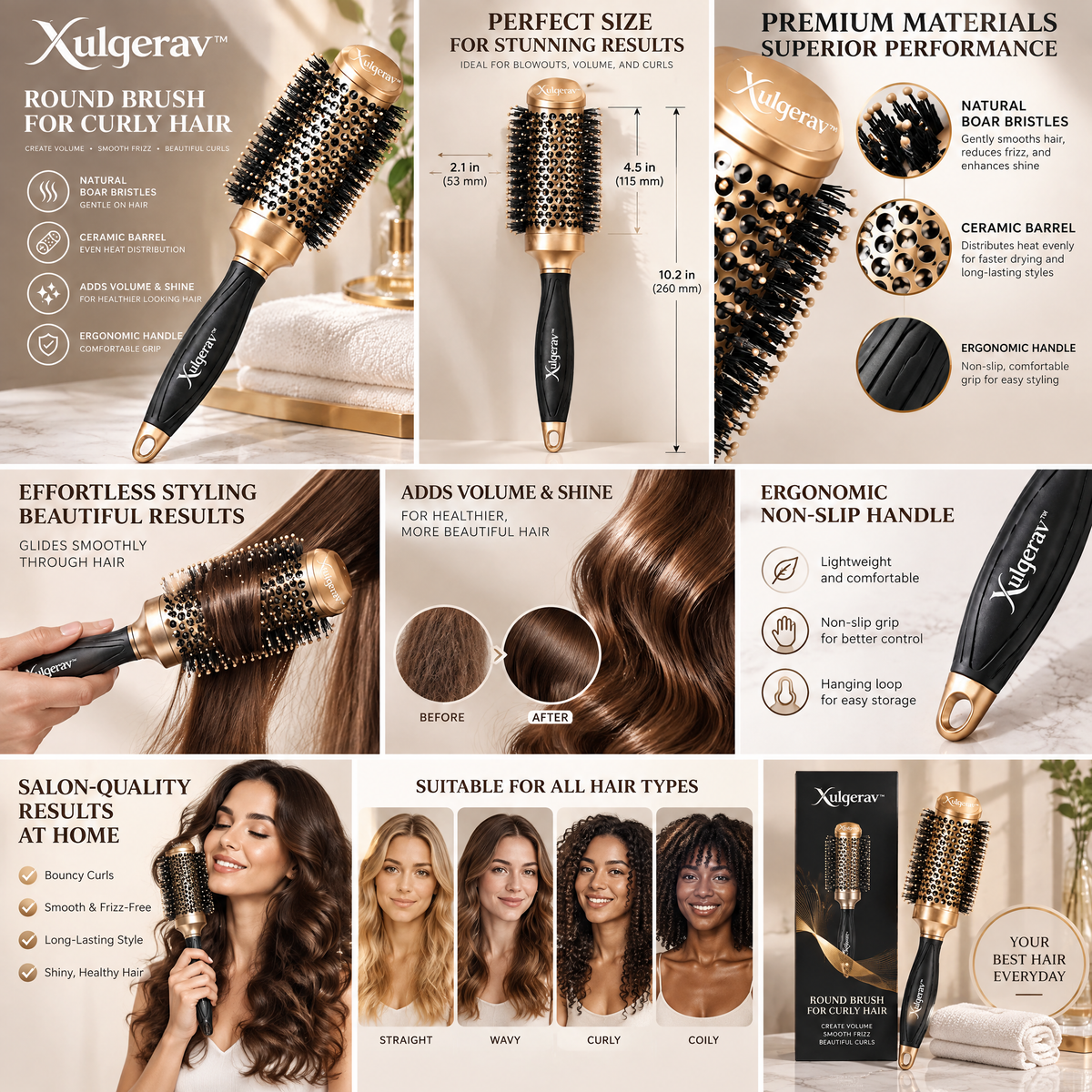 Xulqerav™ Ceramic Round Blowout Brush for Curly Hair – Thermal Boar Bristle Styling Brush for Maximum Volume, Frizz Control &amp; Shine &nbsp;
