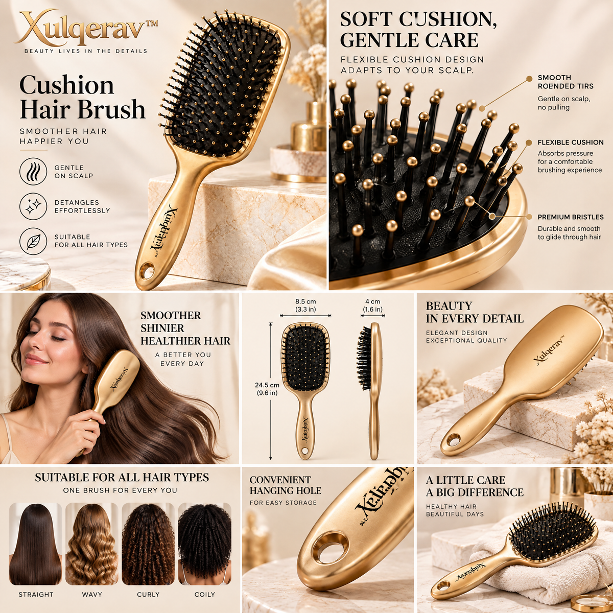 Xulqerav™ Luxury Cushion Hair Brush – Gentle Detangling Paddle Brush for Scalp Massage &amp; All Hair Types (Champagne Gold)