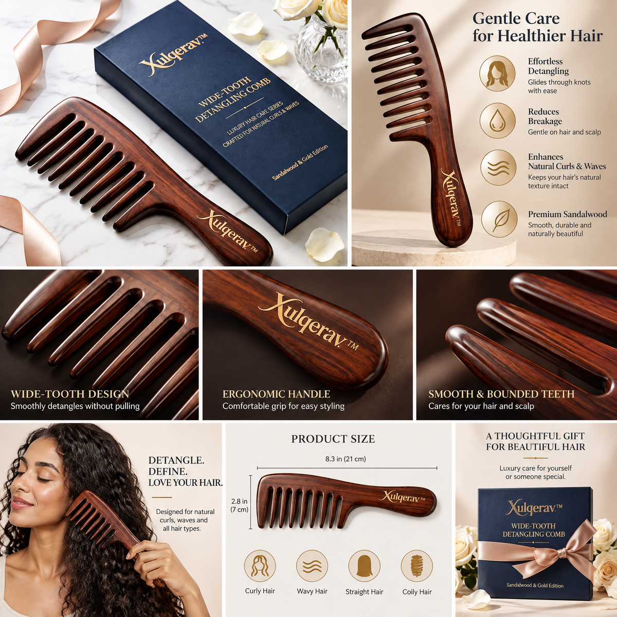 Xulqerav™ Luxury Wide-Tooth Wooden Detangling Comb – Natural Sandalwood Anti-Static Hair Comb with Premium Gift Box