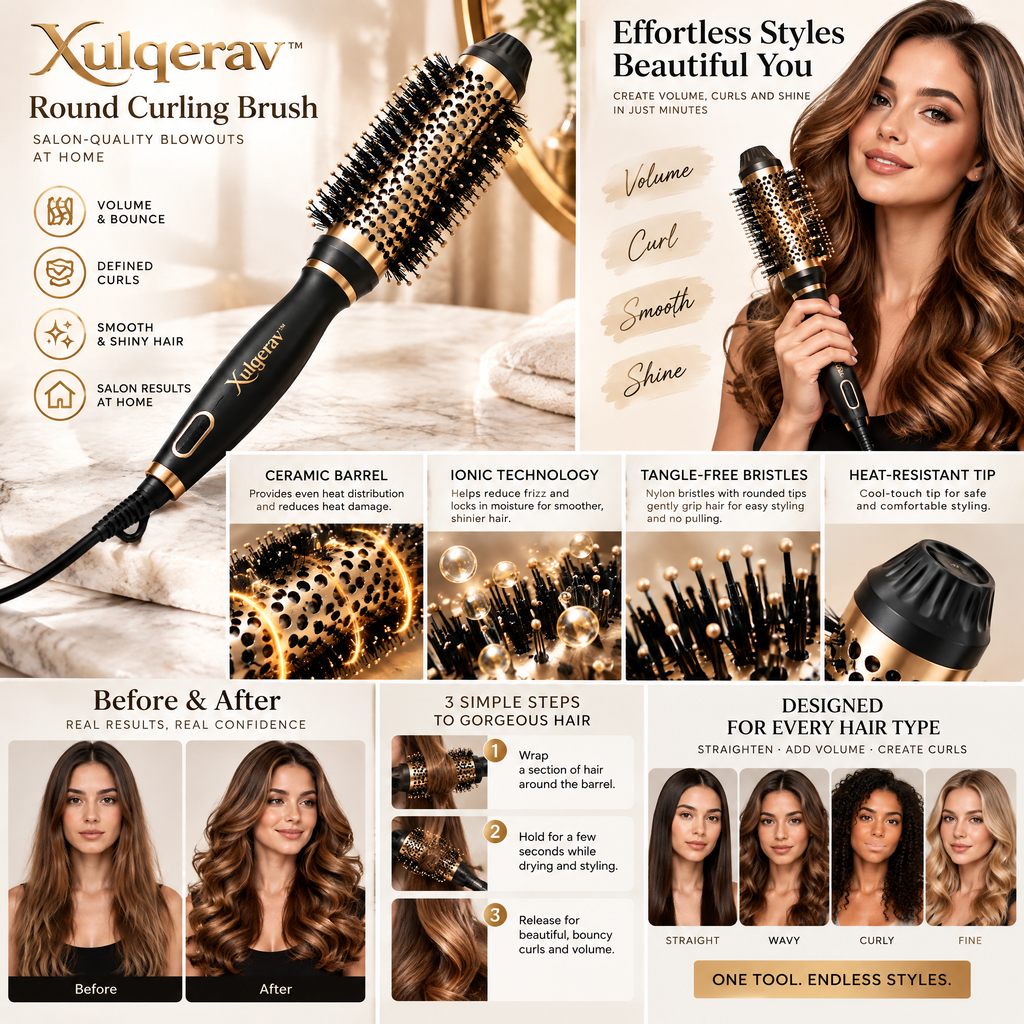 Xulqerav™ Thermal Round Curling Brush – Ceramic Heated Volumizer &amp; Styling Brush for Defined Curls, Frizz Control &amp; Salon Blowouts