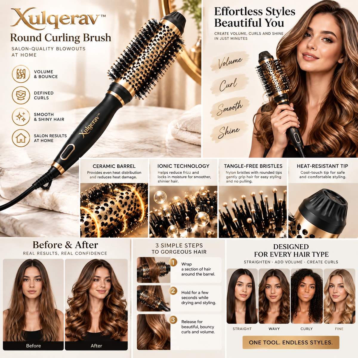 Xulqerav™ Thermal Round Curling Brush – Ceramic Heated Volumizer &amp; Styling Brush for Defined Curls, Frizz Control &amp; Salon Blowouts
