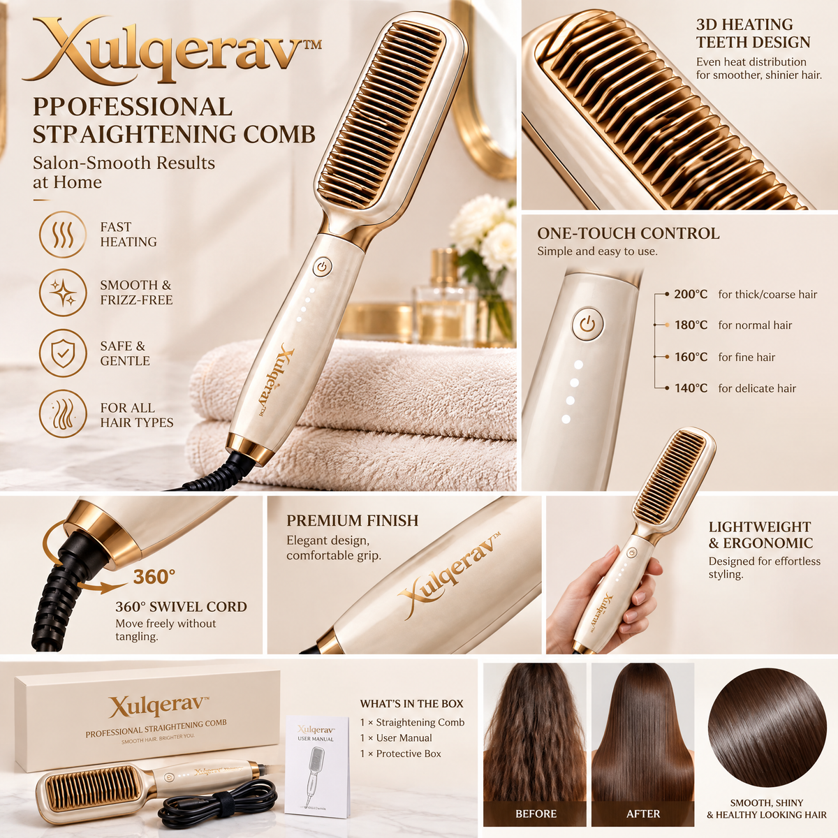 Xulqerav™ Premium Heated Straightening Brush – Fast Heating Anti-Scald Smoothing Comb for Frizz-Free, Silky Hair