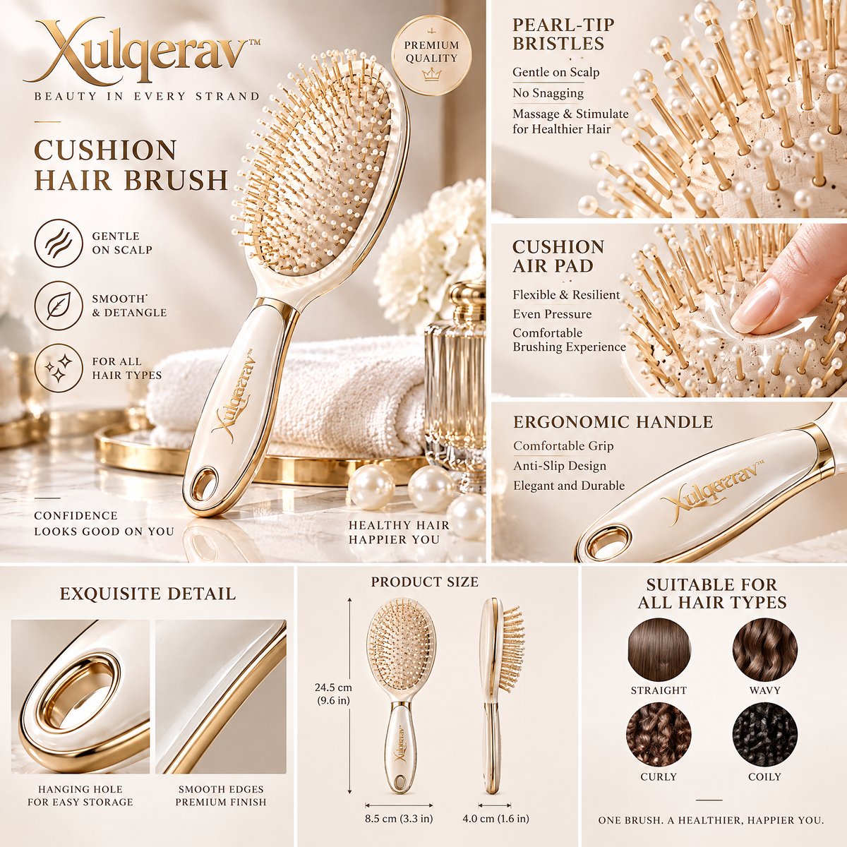 Xulqerav™ Premium Cushion Hair Brush – Gentle Detangling &amp; Scalp Massage Paddle Brush for All Hair Types (Pearl White &amp; Gold)