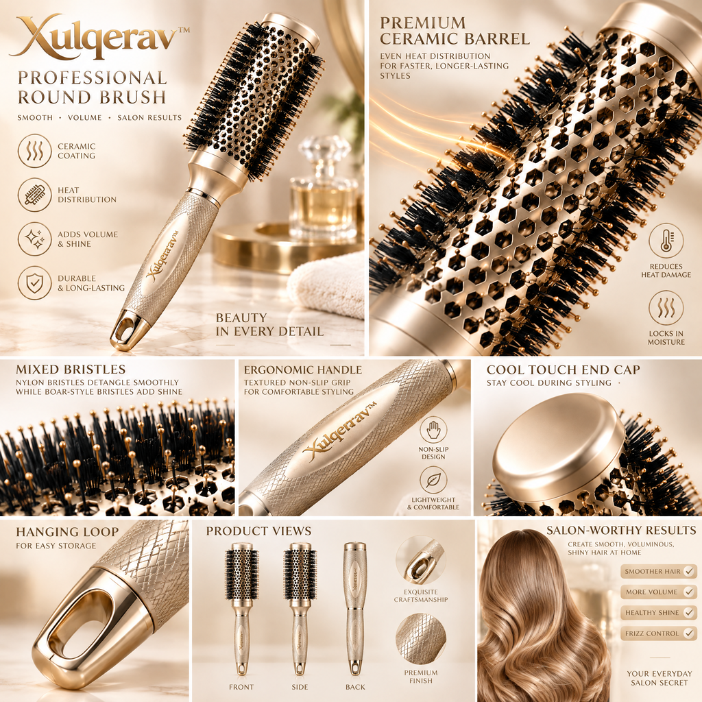 Xulqerav™ Professional Ceramic Thermal Round Brush for Blow Drying, Volumizing, and Styling