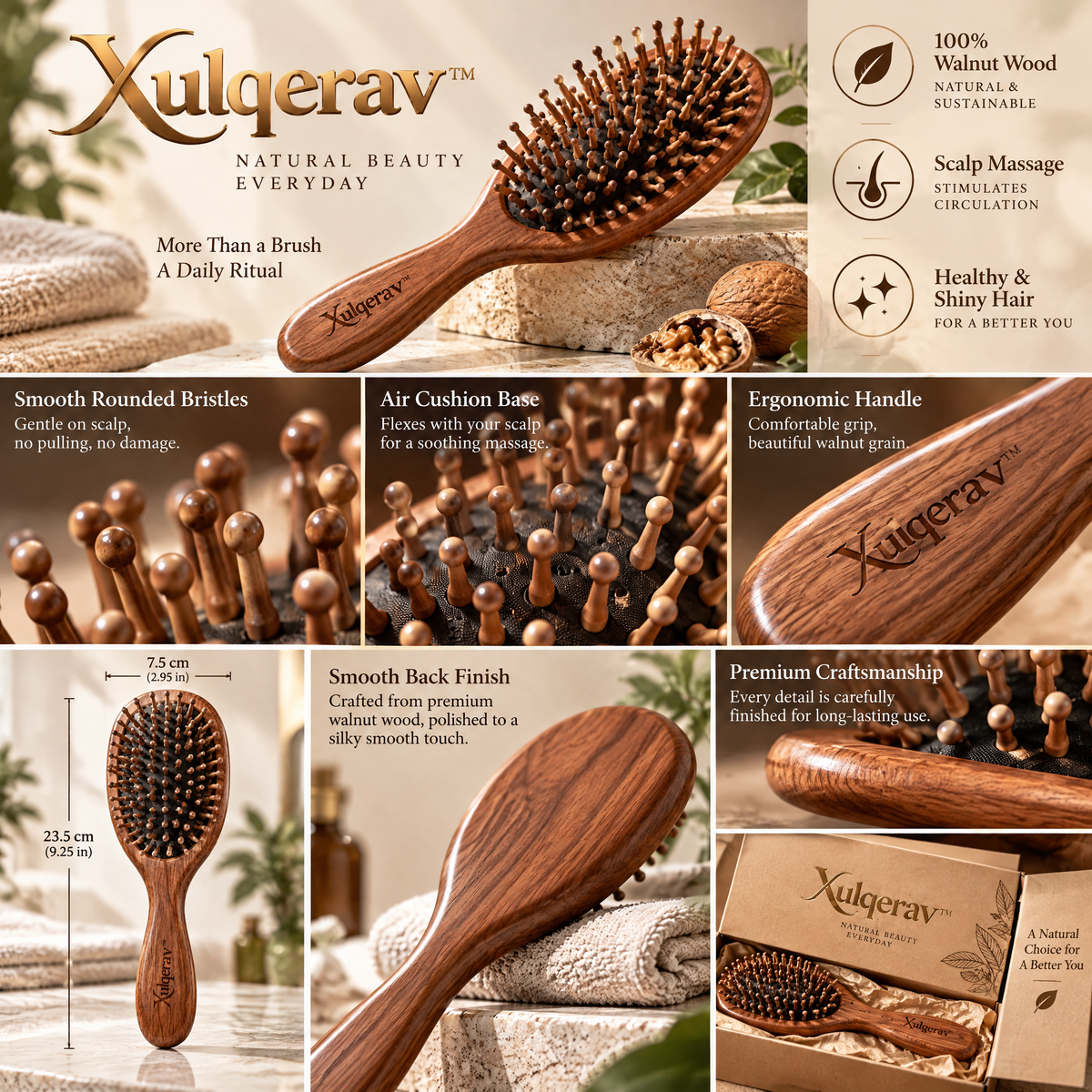Xulqerav™ 100% Natural Walnut Wood Scalp Massage Hair Brush | Anti-Static Cushion Paddle Detangler for Healthy, Shiny Hair