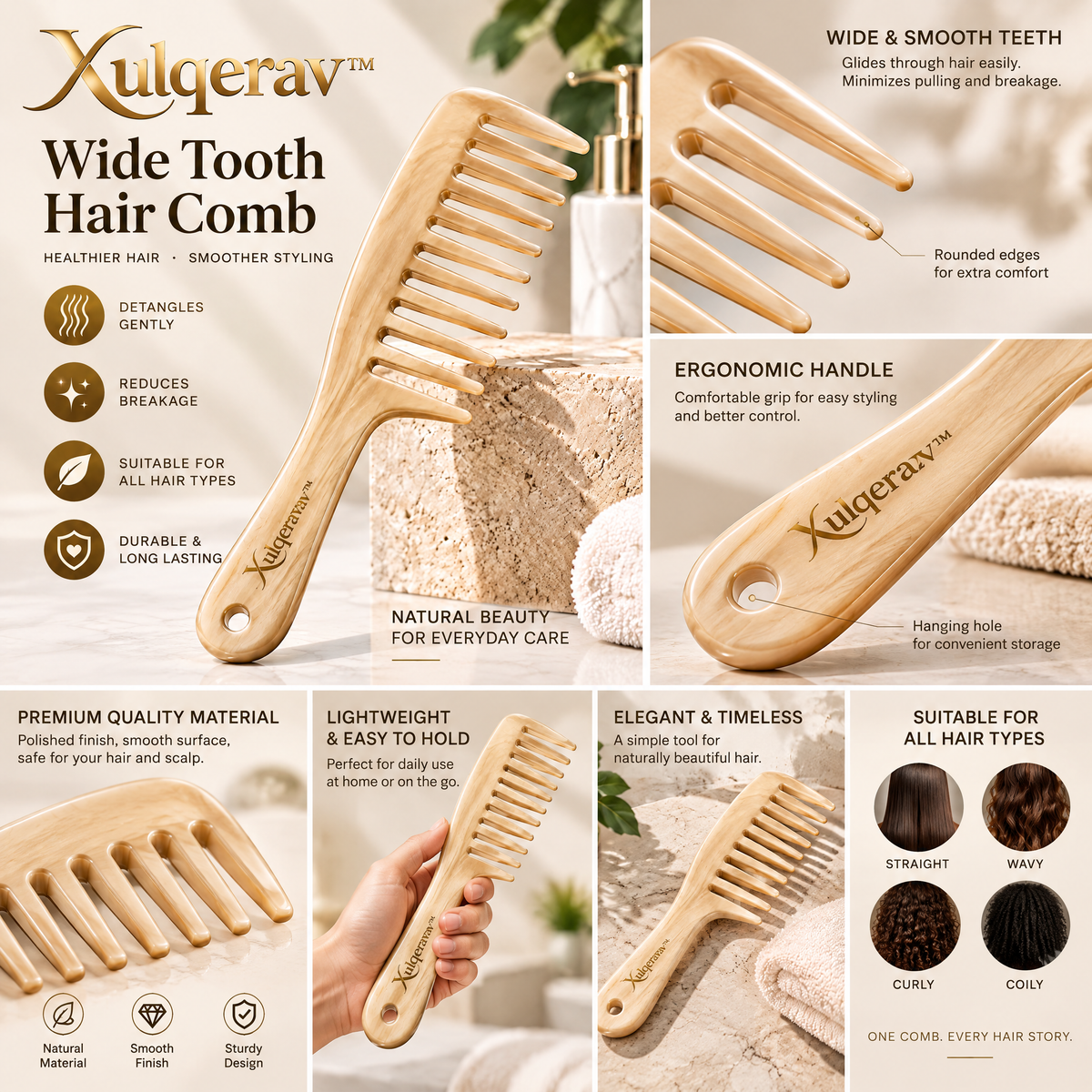 Xulqerav™ Premium Wide Tooth Hair Comb – Gentle Detangling Comb for Wet &amp; Dry Hair, Anti-Breakage Styling Comb for Curls, Waves &amp; Thick Hair