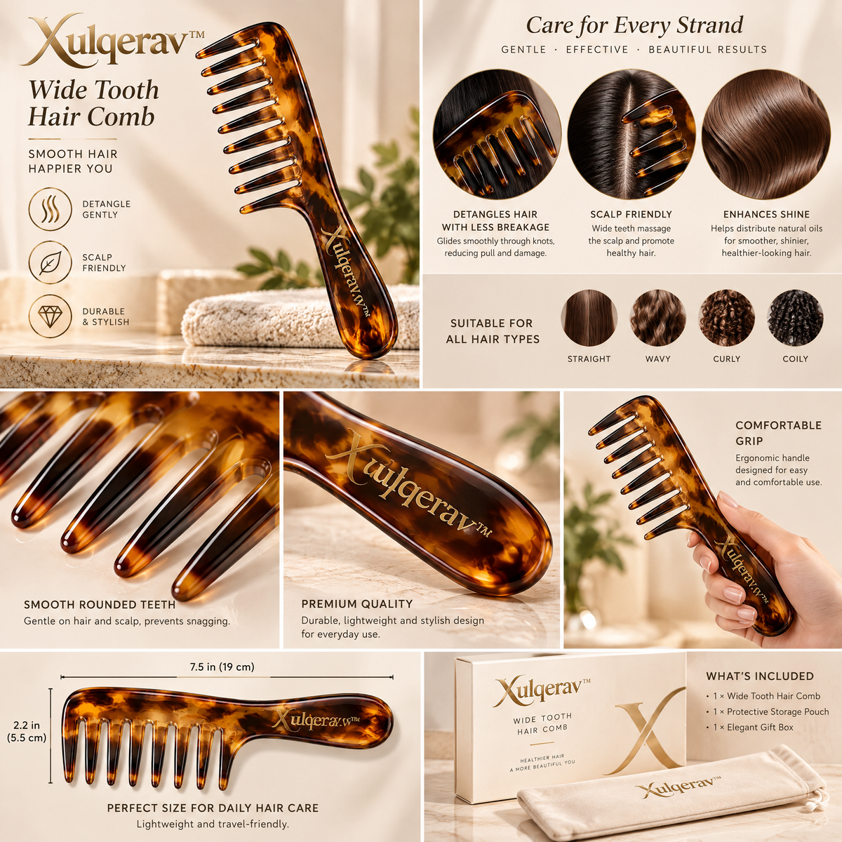 Xulqerav™ Wide Tooth Hair Comb – Tortoise Shell Detangling Comb with Ergonomic Handle for Wet &amp; Dry Hair, Anti-Breakage Styling Comb for Curly, Thick, and Wavy Hair