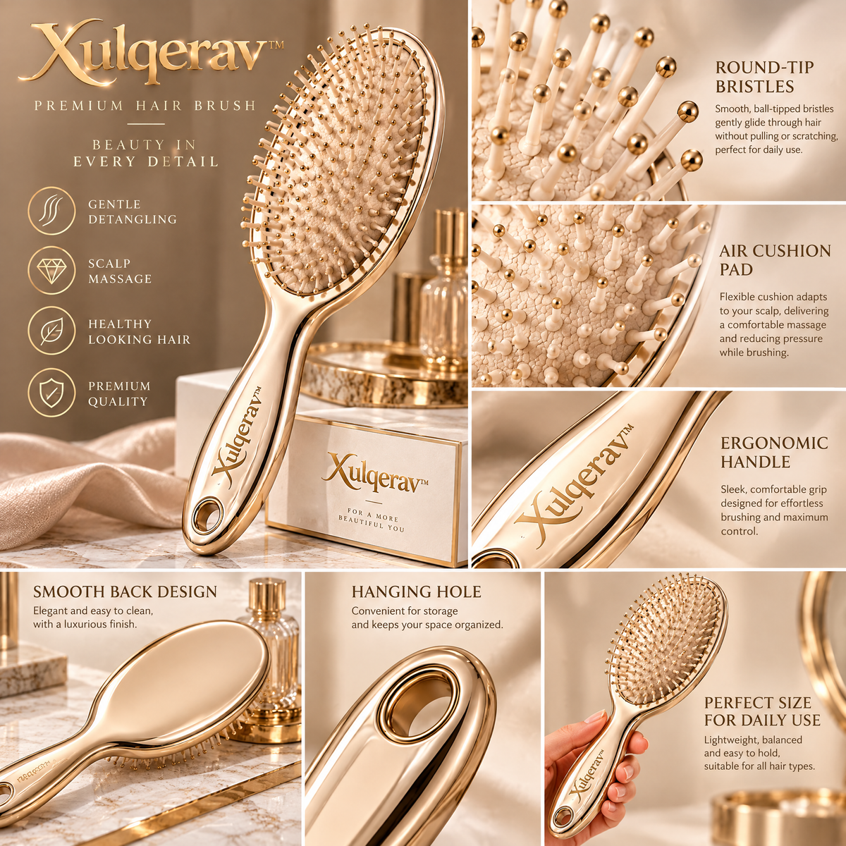 Xulqerav™ Luxury Gold Cushion Hair Brush – Gentle Detangling &amp; Scalp Massage Paddle Brush