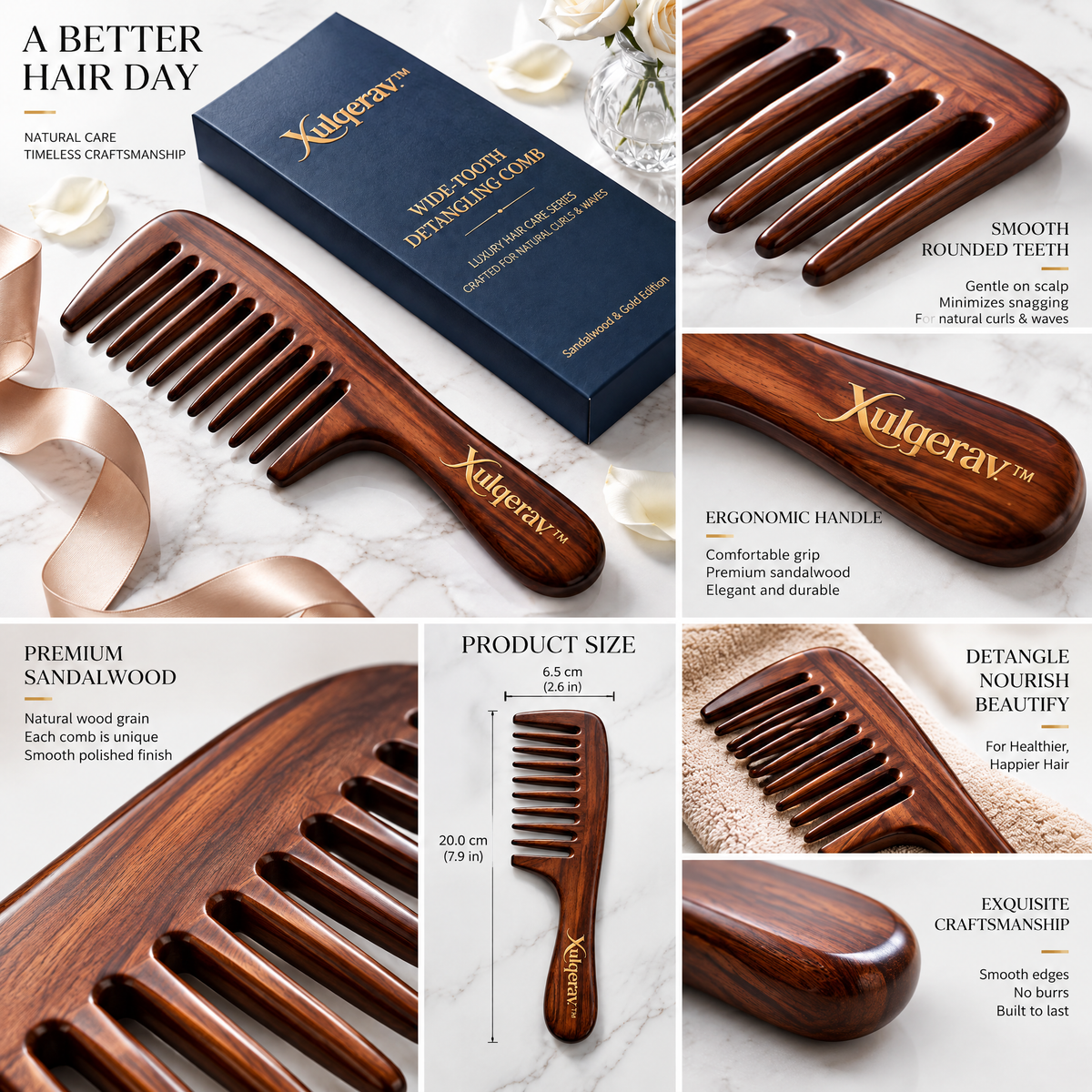 Xulqerav™ Luxury Wide-Tooth Wooden Detangling Comb – Natural Sandalwood Anti-Static Hair Comb with Premium Gift Box