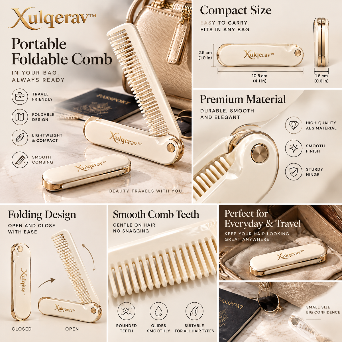 Xulqerav™ Portable Foldable Hair Comb – Luxury Pocket-Sized Folding Comb with Gold Accents for Purse, Handbag &amp; Travel