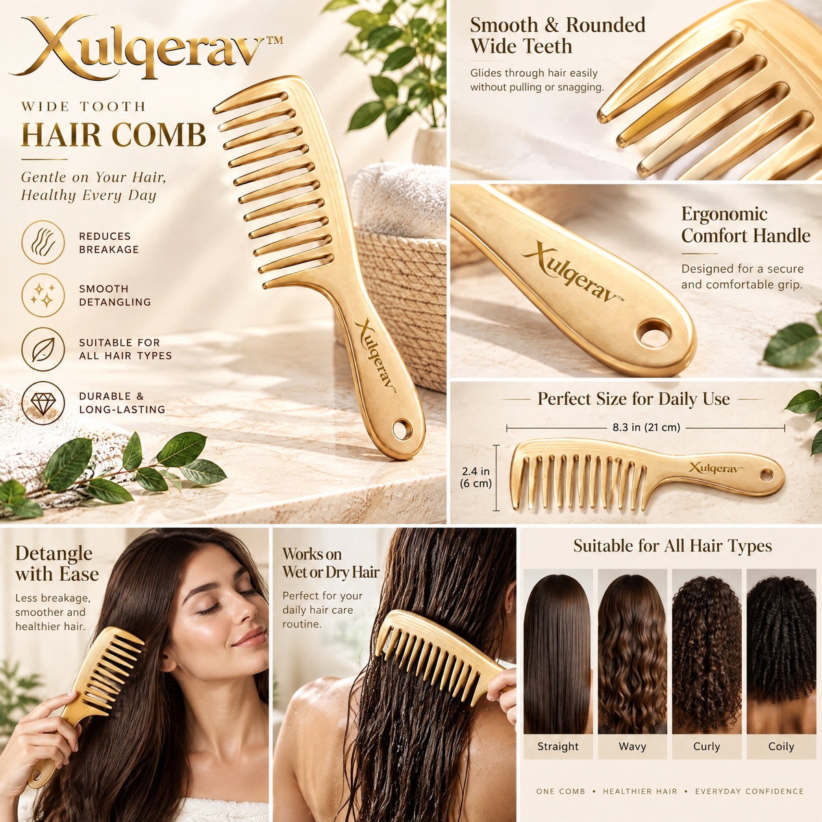 Xulqerav™ Premium Wide Tooth Hair Comb – Anti-Breakage Detangling Comb for Wet &amp; Dry Hair, Elegant Gold Finish