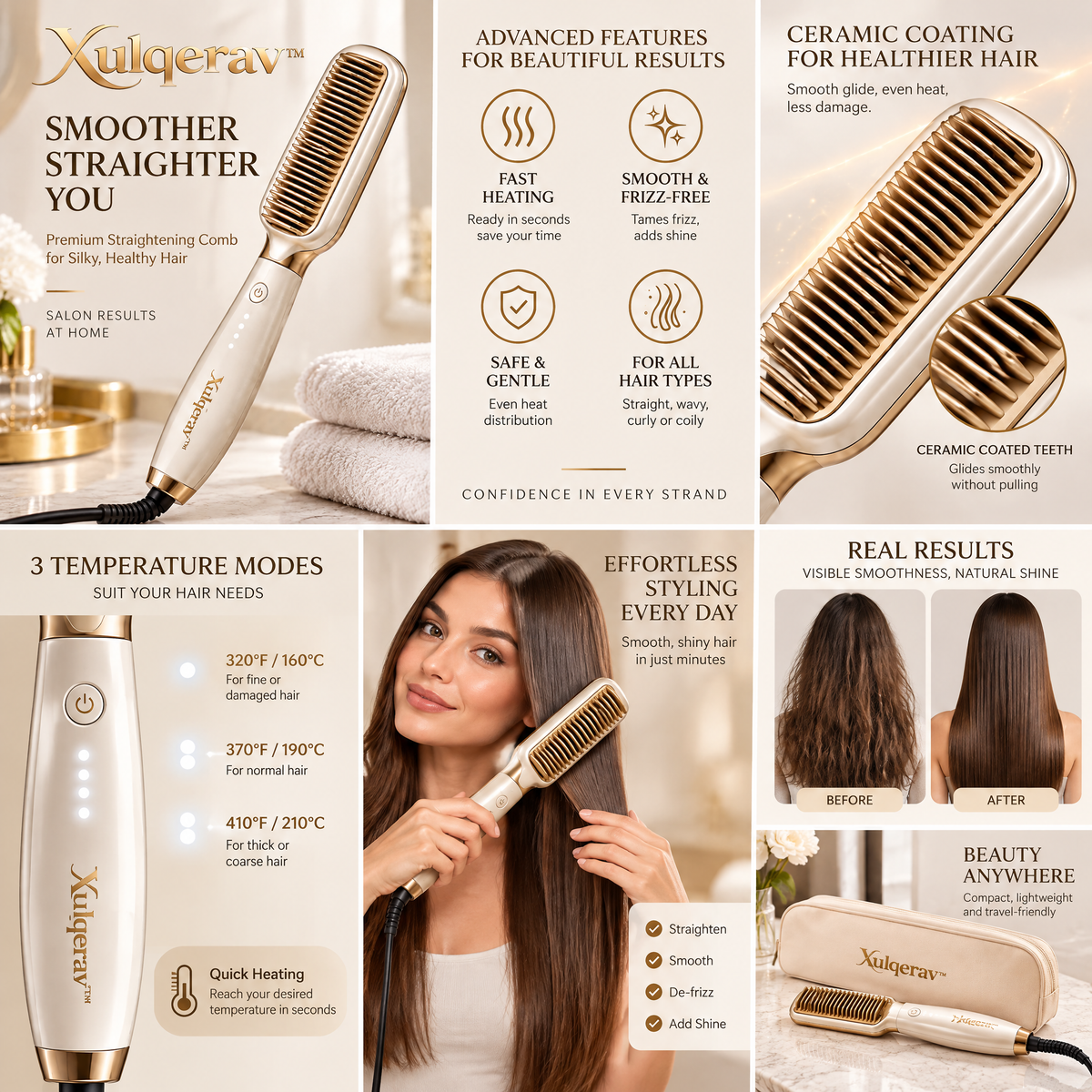 Xulqerav™ Premium Heated Straightening Brush – Fast Heating Anti-Scald Smoothing Comb for Frizz-Free, Silky Hair