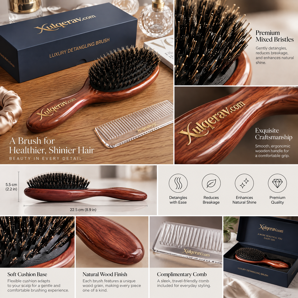 Xulqerav™ Luxury Detangling Hair Brush – Handcrafted Polished Wood Paddle Brush with Dual-Bristle System &amp; Travel Comb Gift Set