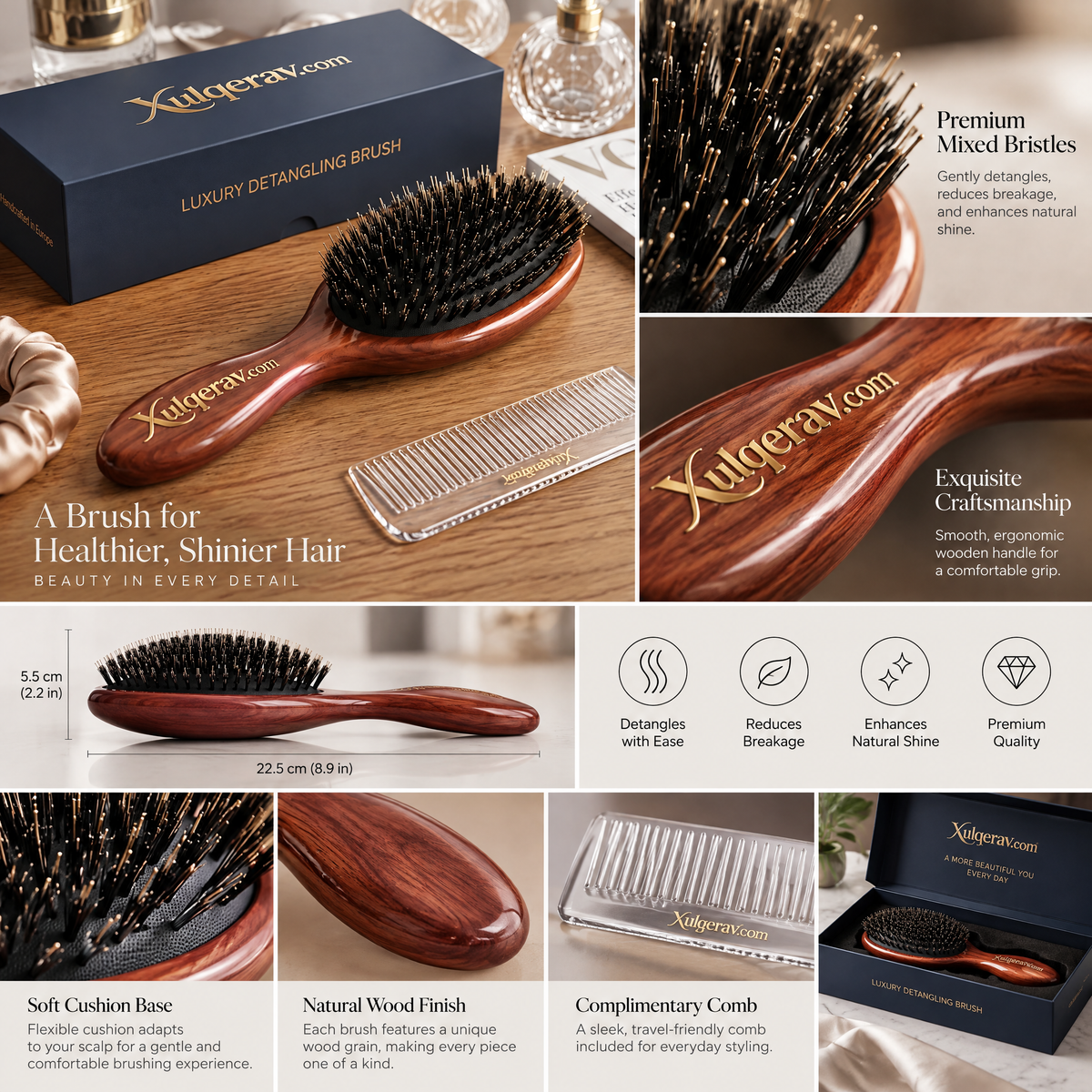 Xulqerav™ Luxury Detangling Hair Brush – Handcrafted Polished Wood Paddle Brush with Dual-Bristle System &amp; Travel Comb Gift Set