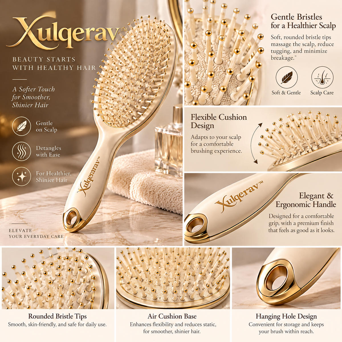 Xulqerav™ Luxury Detangling Cushion Hairbrush – Gentle Scalp Massage Paddle Brush for Smooth, Shiny Hair