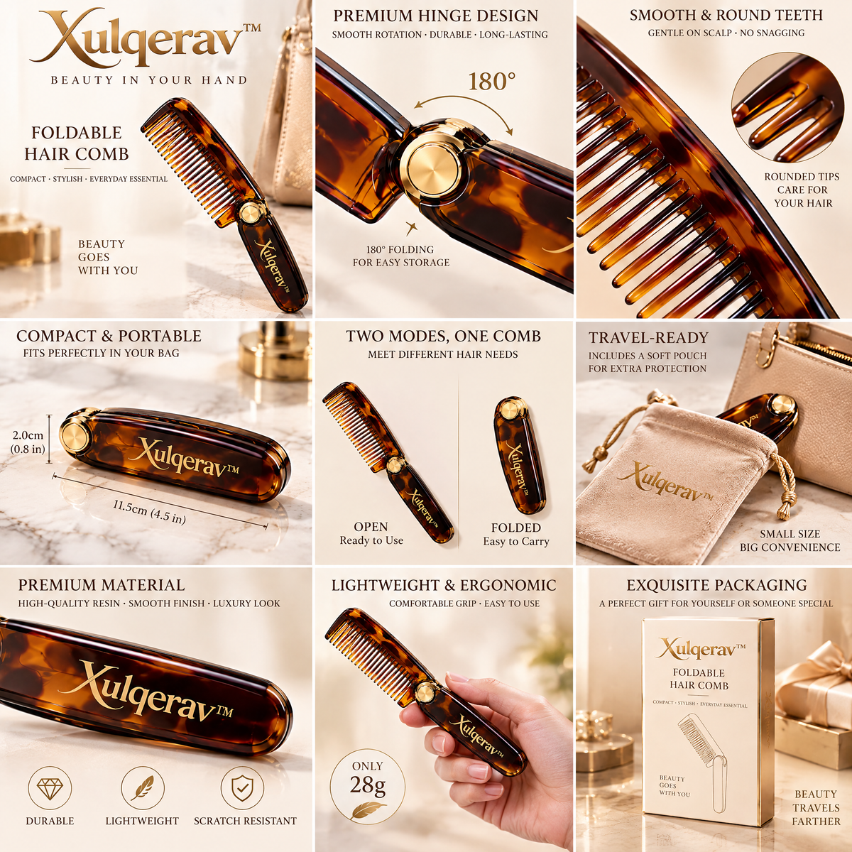 Xulqerav™ Folding Travel Hair Comb – Compact Tortoiseshell Pocket Comb with Protective Pouch &amp; Gift Box