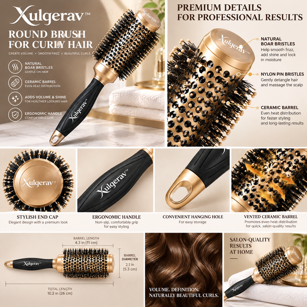 Xulqerav™ Ceramic Round Blowout Brush for Curly Hair – Thermal Boar Bristle Styling Brush for Maximum Volume, Frizz Control &amp; Shine &nbsp;