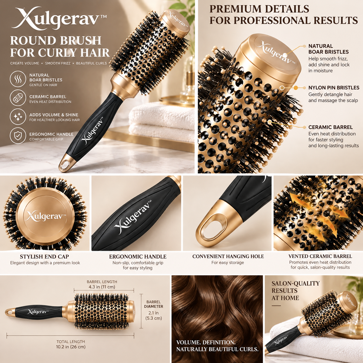 Xulqerav™ Ceramic Round Blowout Brush for Curly Hair – Thermal Boar Bristle Styling Brush for Maximum Volume, Frizz Control &amp; Shine &nbsp;